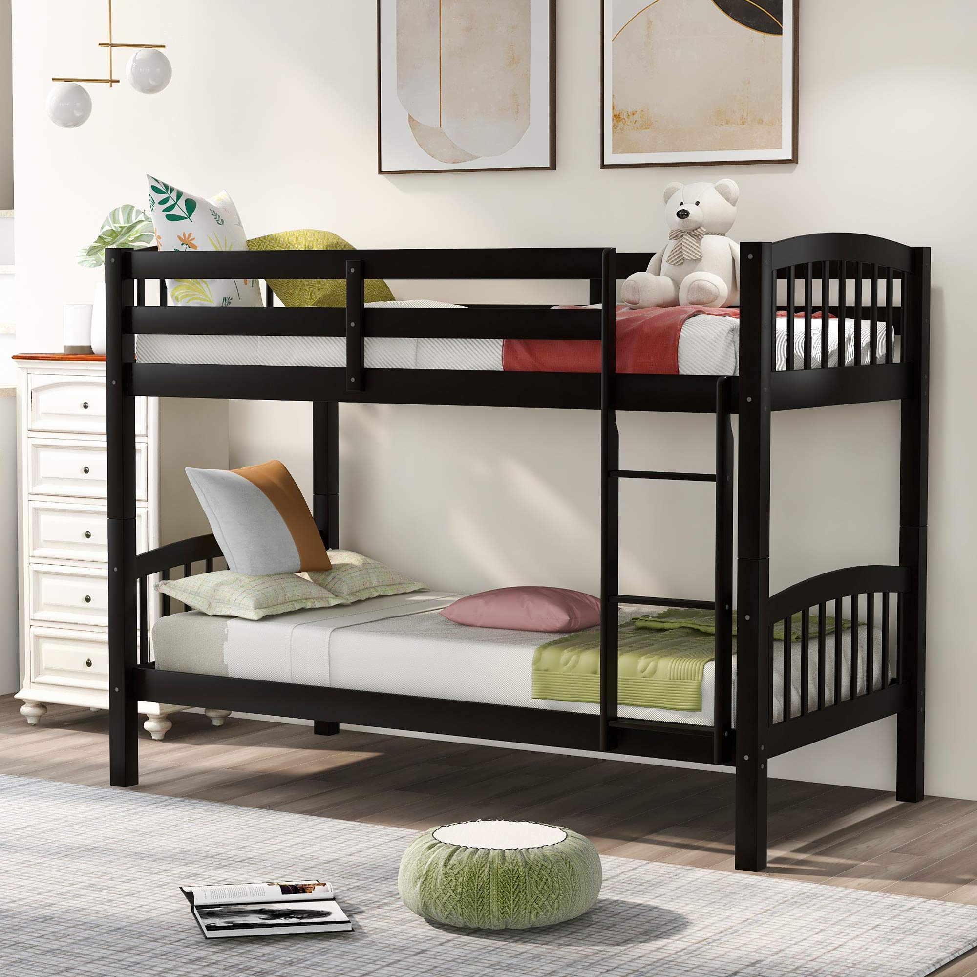 Merax Solid Wood Twin Over Twin Bunk Bed with Ladder & Guardrail - Convertible to 2 Separate Twin Beds (Espresso Finish) | Space-Saving Kids Bedroom Furniture for Siblings or Sleepovers