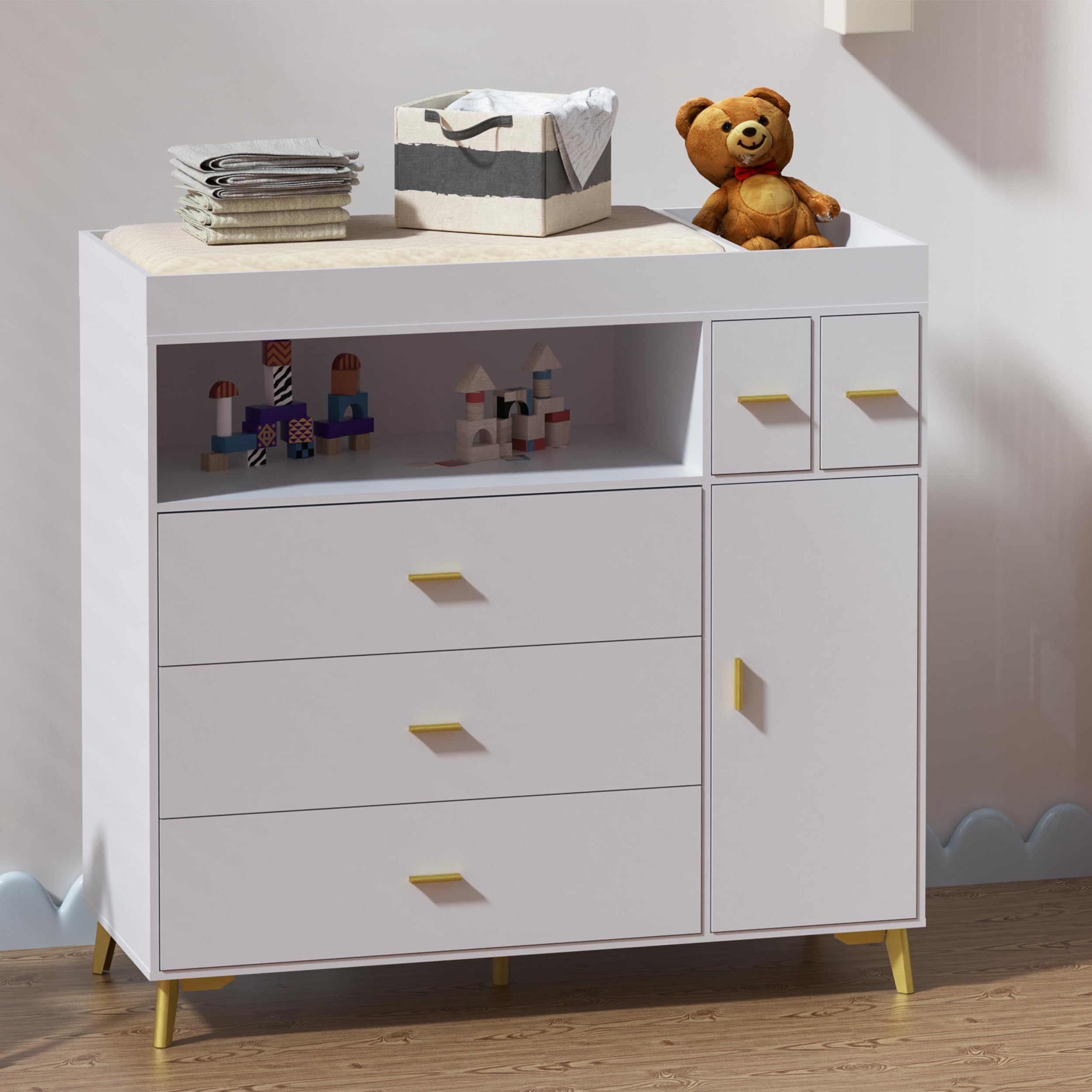 PakaLife Baby Changing Table with 5 Drawers & Cabinet - White Nursery Dresser for Diaper Changing & Storage - Perfect for Baby Rooms, Daycares & Parenting Essentials