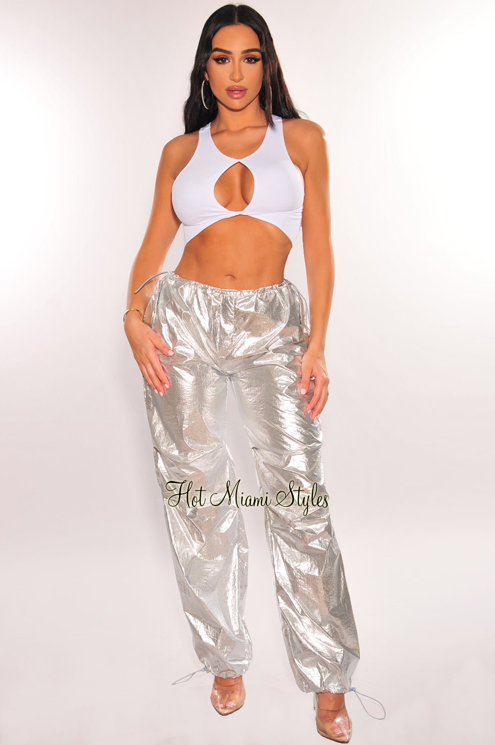 Silver Metallic Low Rise Snatched Drawstring Parachute Pants for Women - Trendy Streetwear & 90s Fashion Outfits - Perfect for Concerts, Raves, and Casual Wear