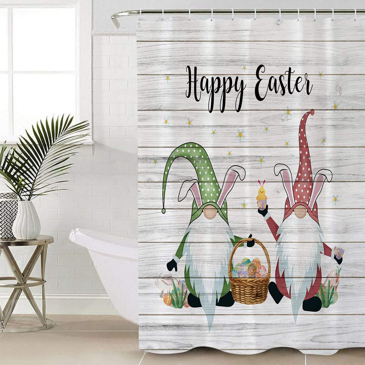 ALAGEO 4-Piece Easter Gnome Shower Curtain Set - Waterproof Bathroom Decor with Non-Slip Rug, Toilet Cover & Bath Mat - Farmhouse Style for Spring Bathroom Makeover (Perfect for Easter Decorations & Guest Bathrooms)