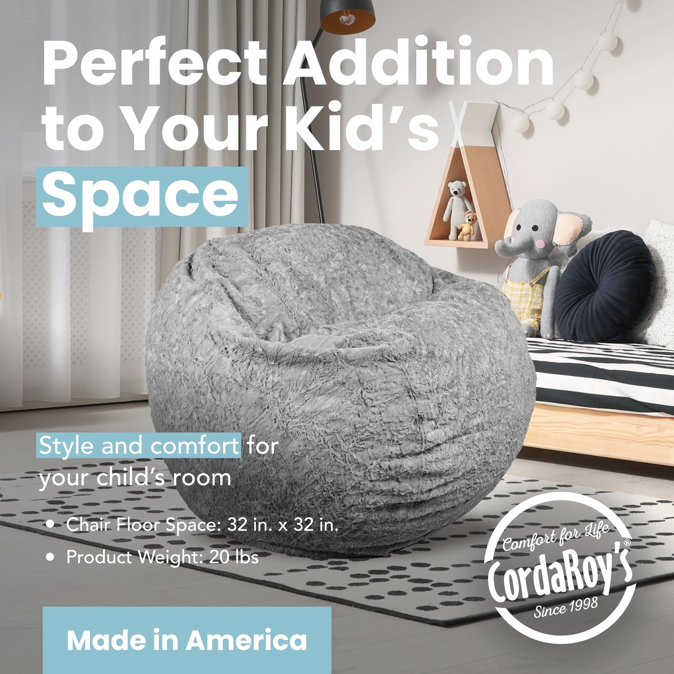 CordaRoy's Convertible Faux Fur Bean Bag Chair - Grey Youth Size | Foldable from Bean Bag to Lounger | Shark Tank Featured | Perfect for Kids' Rooms, Dorm Decor & Cozy Reading Nooks
