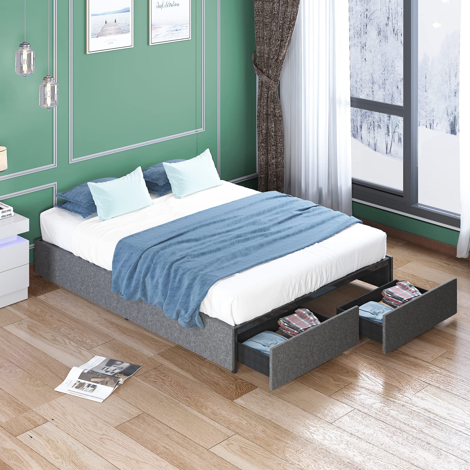 BALUS Queen Upholstered Platform Bed Frame with Storage Drawers - Heavy Duty Wood Slat Support, No Box Spring Needed, Noise Free & Easy Assembly, Dark Grey - Perfect for Small Bedrooms & Space-Saving Storage Solutions