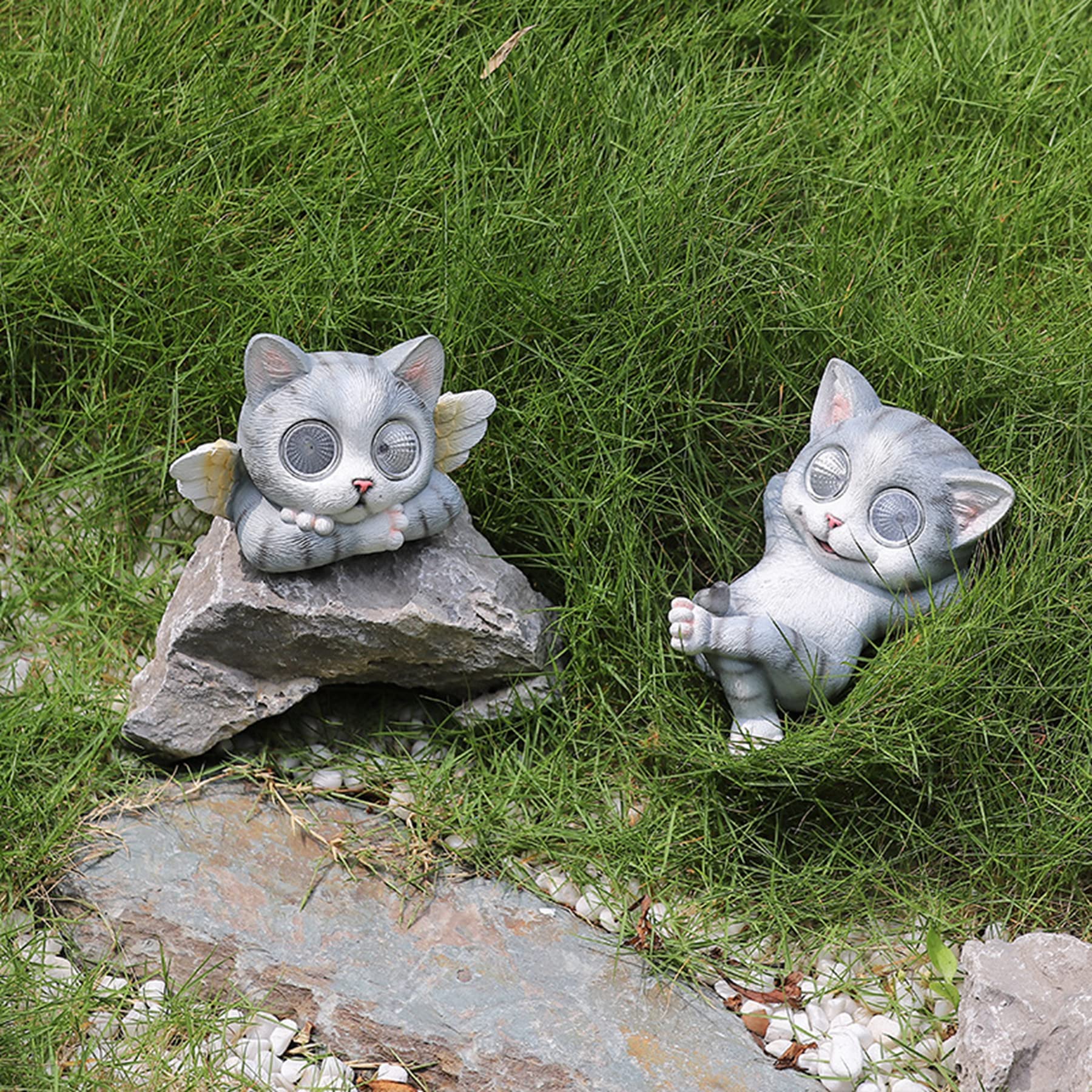 Solar Powered Frog Garden Statue with Glowing Eyes - Waterproof Resin Outdoor Decor for Patio, Lawn & Yard | Perfect for Garden Accents, Pond Decor & Nighttime Landscape Lighting (Cat Design B)