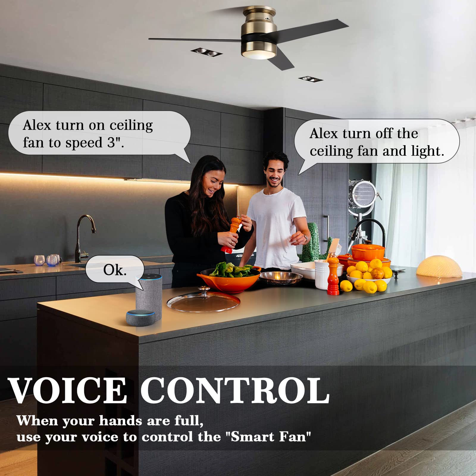 52 Inch Smart Ceiling Fan with LED Light - Alexa/Google Assistant/Siri Compatible, Reversible Motor, Timer Function - Perfect for Bedroom, Living Room & Office - Requires Ground/Neutral/Live Wire (No Remote Included)