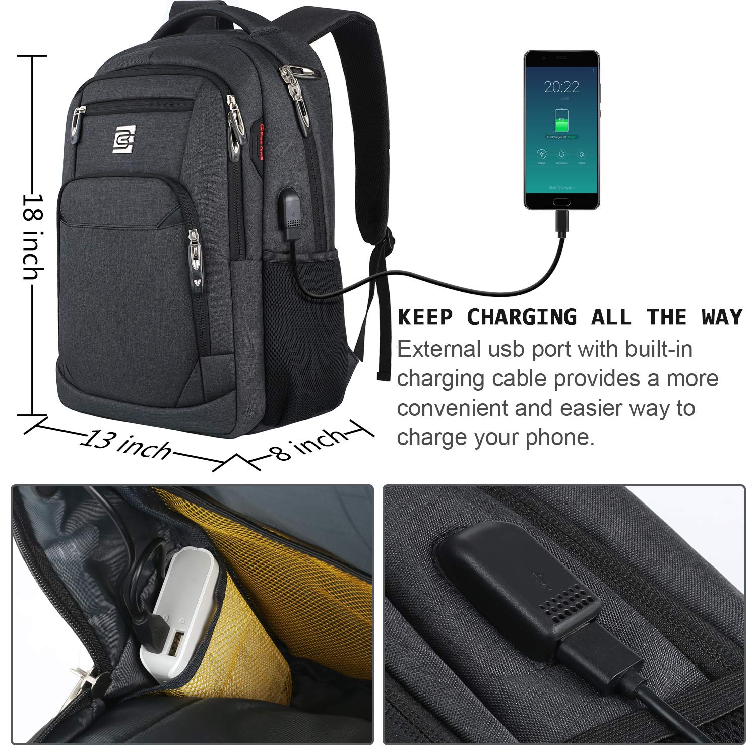 Laptop Backpack for Business Travel - Anti-Theft Slim Durable USB Charging Port Water Resistant College Computer Bag for Women & Men - Fits 15.6 Inch Laptop & Notebook - Black - Ideal for Office, Commute & Campus Use