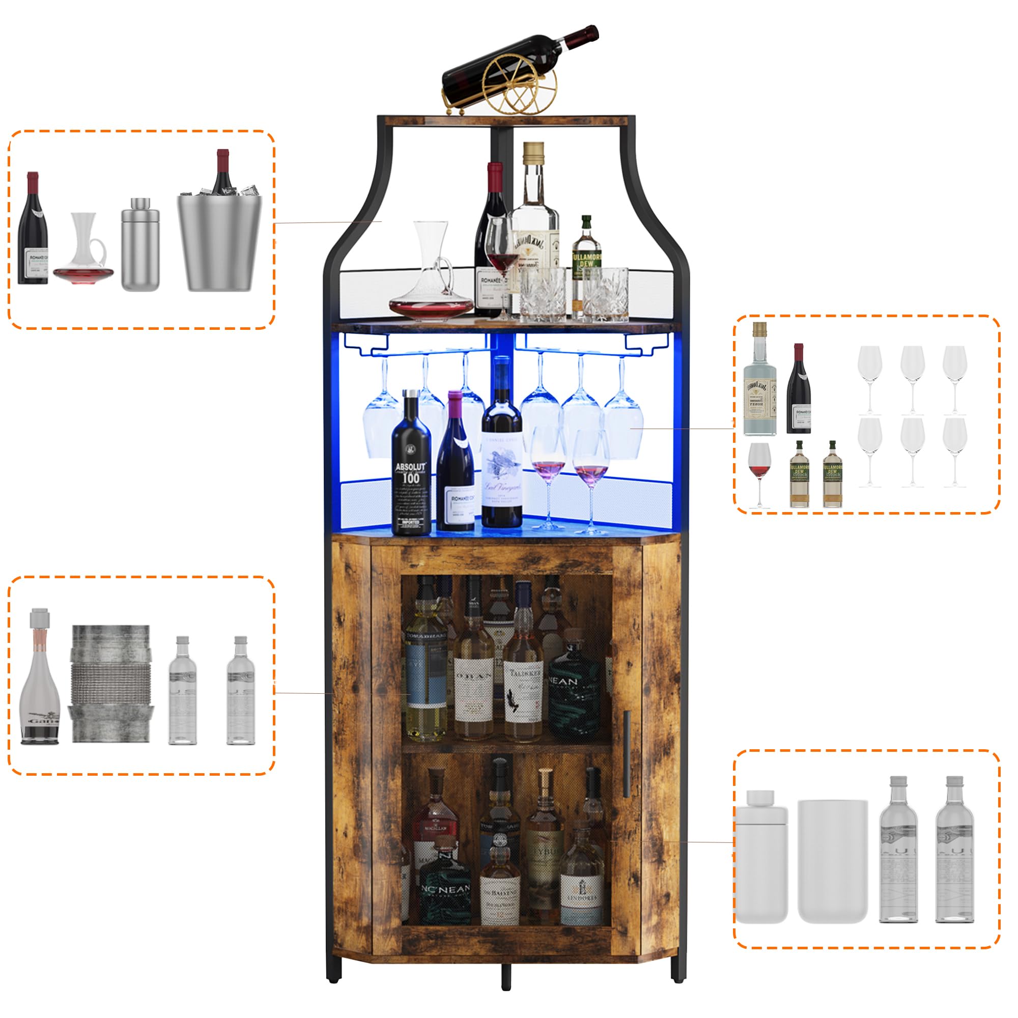 5-Tier Industrial Wine Cabinet with LED Lights & Glass Holder - Adjustable Shelf, Mesh Door - Rustic Brown Home Bar Cabinet for Living Room, Dining Room & Kitchen Decor