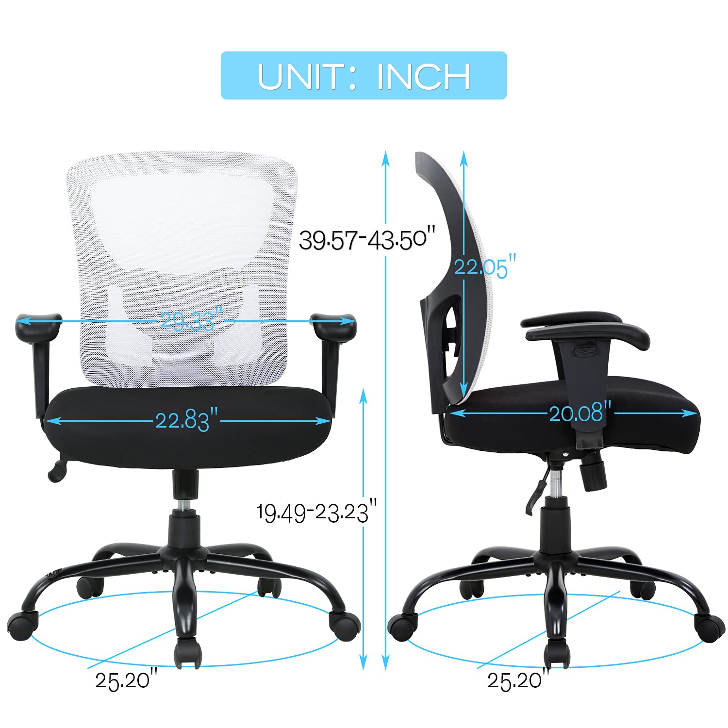HCY Big and Tall Office Chair - 400 lbs Weight Capacity Ergonomic Mesh Computer Desk Chair with Adjustable Height, Lumbar Support & Wheels for Heavy People - Perfect for Home Office, Gaming & Workspaces (White)