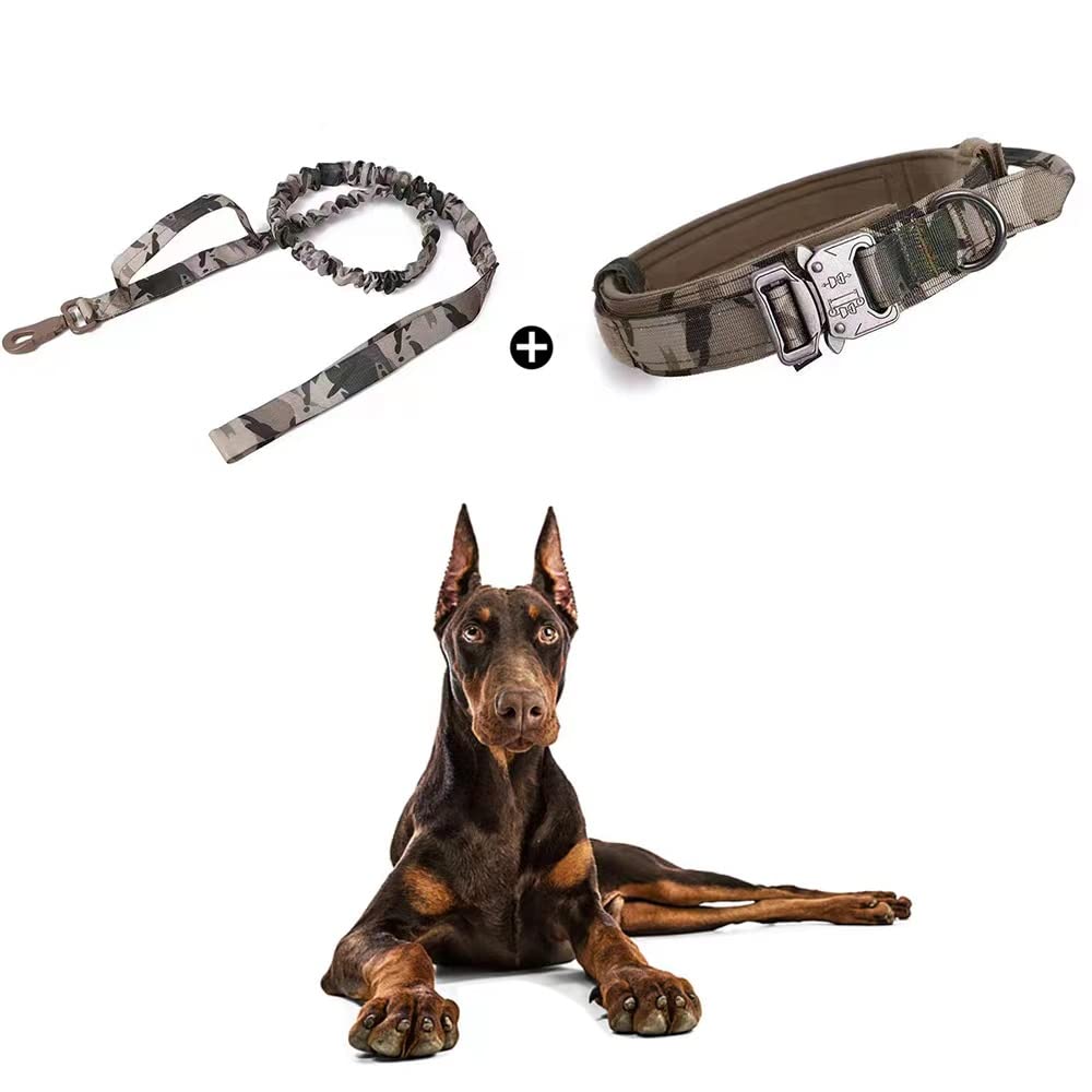 Tactical Dog Collar and Leash Set - Adjustable Military Nylon Collar with Control Handle & Heavy Duty Metal Buckle - Bungee Leash for Medium & Large Dogs - Perfect for Training, Hiking & Outdoor Adventures