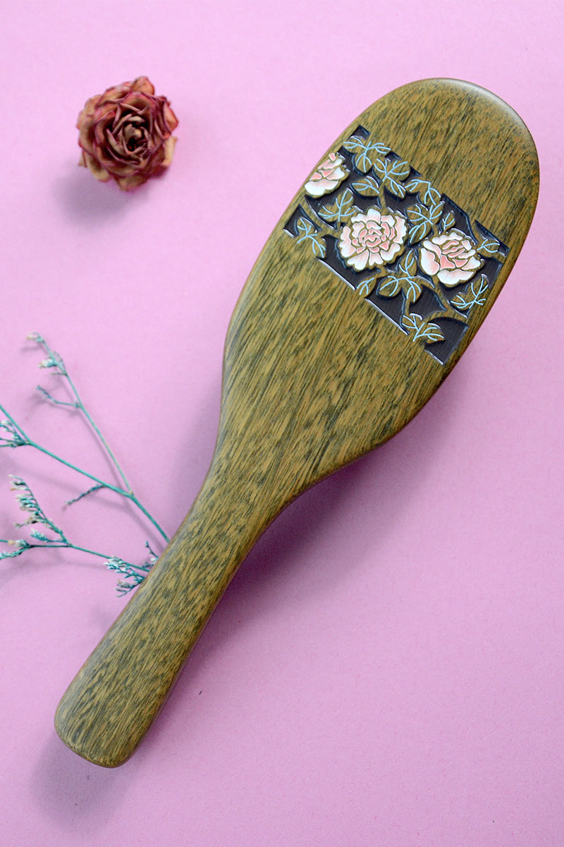 3D Rose Flower Wooden Hair Brush - Natural Wood Bristle Hairbrush for Detangling & Shine - Perfect for Home, Salon & Travel Use