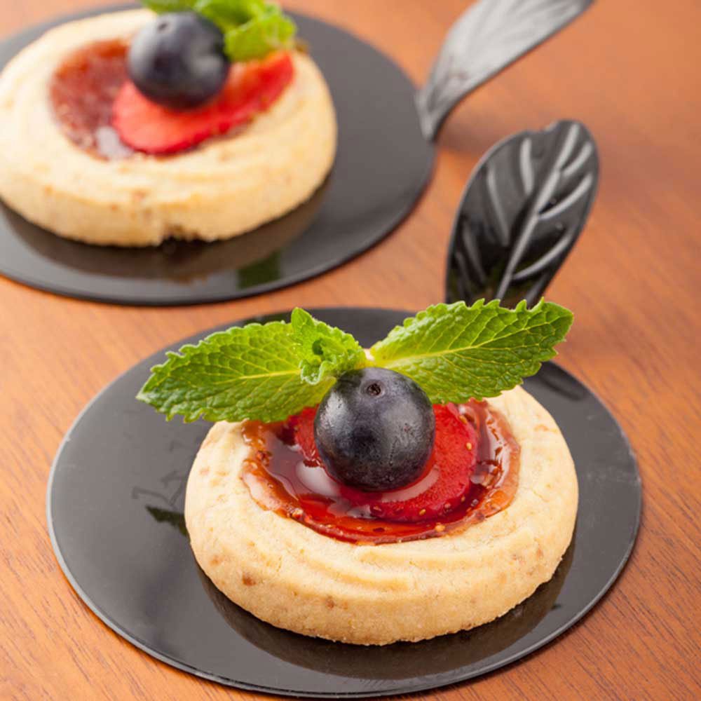 100-Pack Disposable Black Plastic Appetizer Plates 3x3x1 Inch - Round Pastry Dessert Plates with Built-In Handle for Easy Serving | Perfect for Parties, Catering & Restaurants