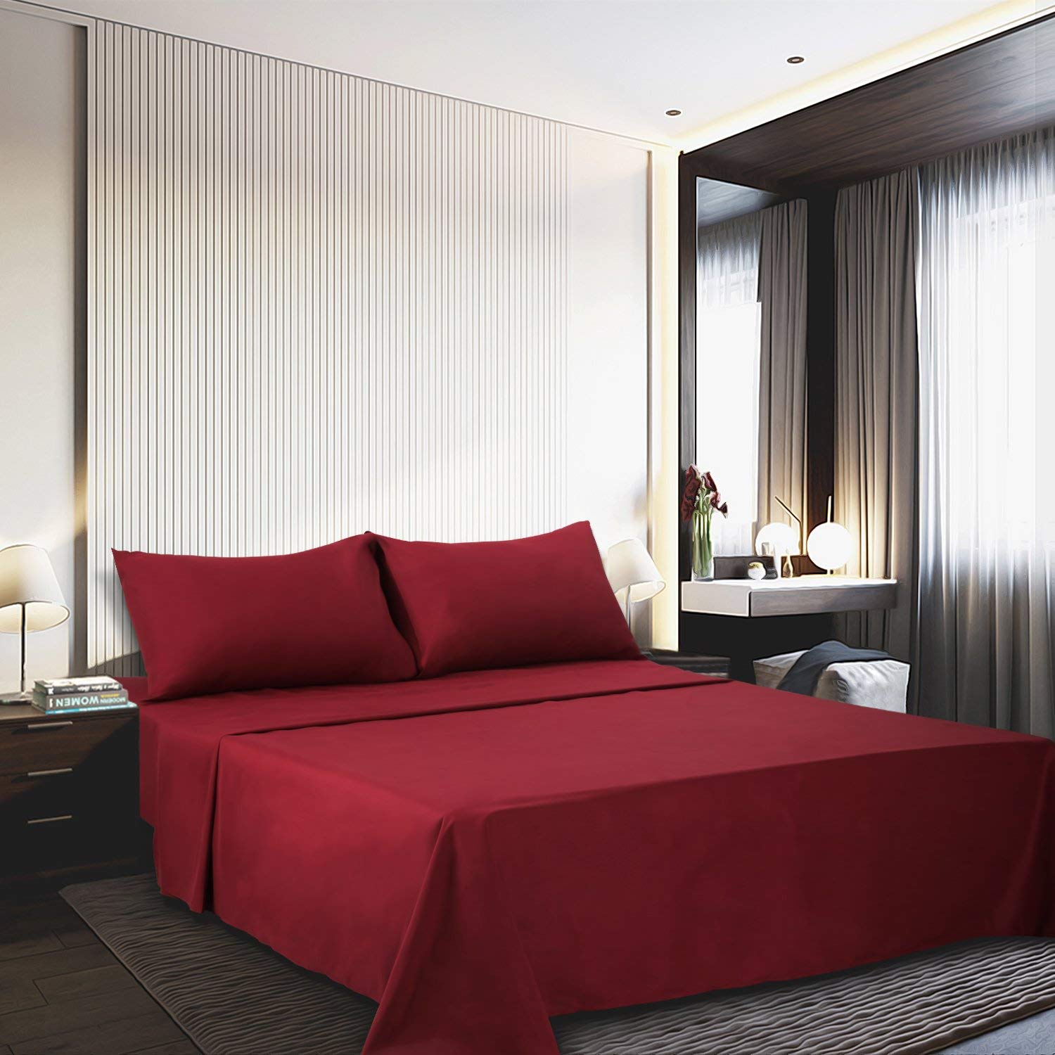 Luxury 4-Piece Full Size Bed Sheet Set - 30 Inch Deep Pocket, Extra Soft & Breathable Cooling Sheets - Wrinkle Free Burgundy Bedding for Hotel Comfort - Perfect for Guest Rooms, Dorms, and Master Bedrooms