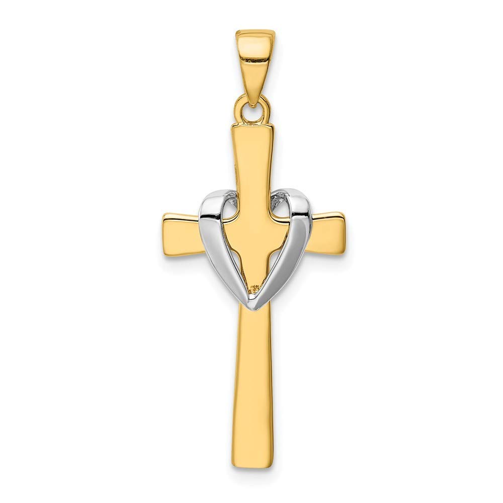 14K Yellow Gold Open Back Rhodium Plished Faith Cross Pendant Necklace for Women - Religious Jewelry Gift for Baptism, Confirmation & Everyday Wear