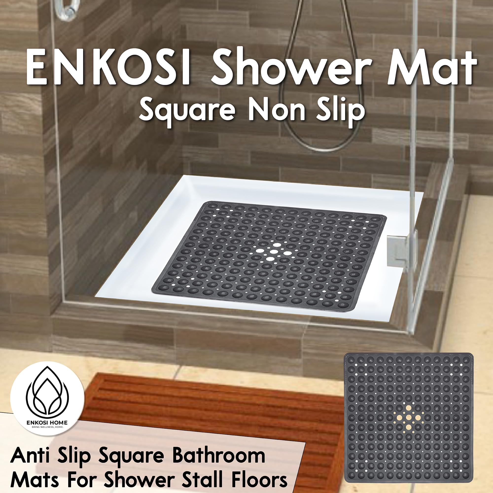 ENKOSI 21x21 Inch Non-Slip Square Shower Mat with Drain Hole - Clear Anti-Slip Bath Mat for Small Shower Stalls - Perfect for Stand Up Showers, Bathrooms & Wet Areas