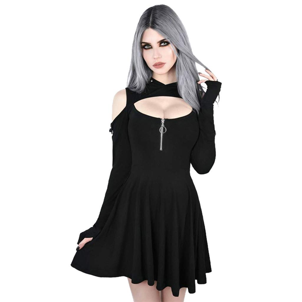 Gothic Black Hooded Cold Shoulder Mini Dress for Women - Sexy Low Cut Zipper Summer Beach Dress | Perfect for Parties, Vacations & Night Out