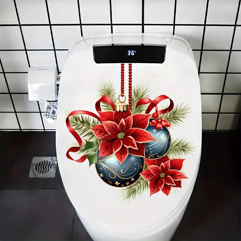 Poinsettia Christmas Toilet Decals - Waterproof Self-Adhesive Bathroom Stickers for Toilet Lid, Tank & Wall - Holiday Home Decor, Festive Bathroom Upgrade (Fish, Bird, Flower Leaf Designs)