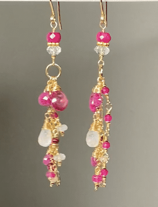 Red Ruby & Pink Sapphire Long Boho Dangle Earrings - Gold Filled with Moonstone Accents | Elegant Boho Jewelry for Women, Perfect for Weddings, Parties & Special Occasions