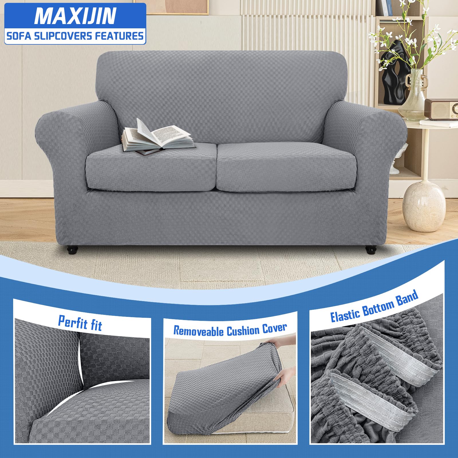 MAXIJIN 3-Piece Jacquard Stretch Sofa Cover - Non-Slip Pet-Friendly Loveseat Slipcover for 2-Cushion Couches, Light Gray - Perfect for Living Room Furniture Protection & Dog Owners