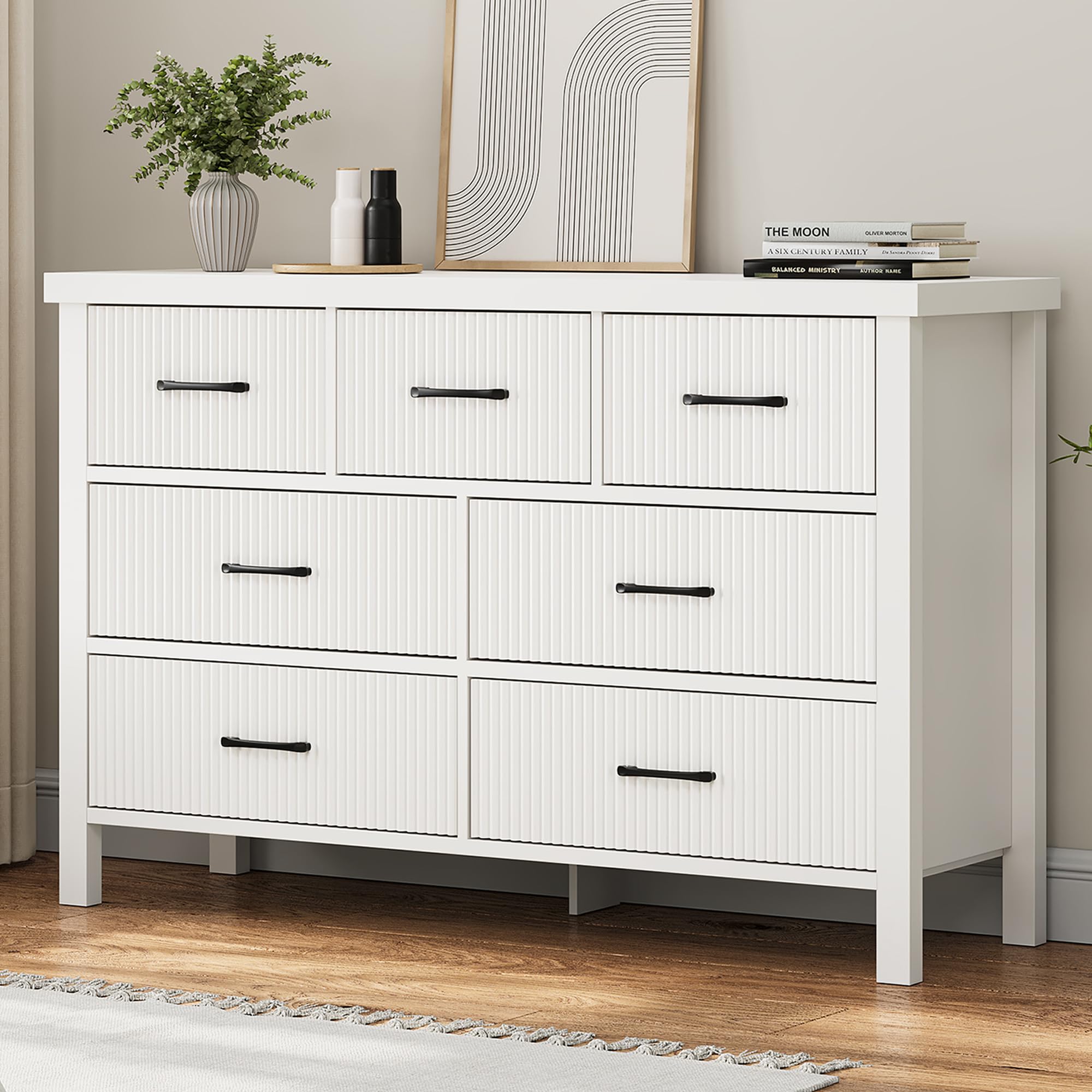 Modern White 7-Drawer Dresser for Bedroom - Solid Wood Legs, Fluted Design Large Chest of Drawers for Living Room, Entryway & Hallway | Perfect for Bedroom Storage, Guest Room Furniture & Home Organization