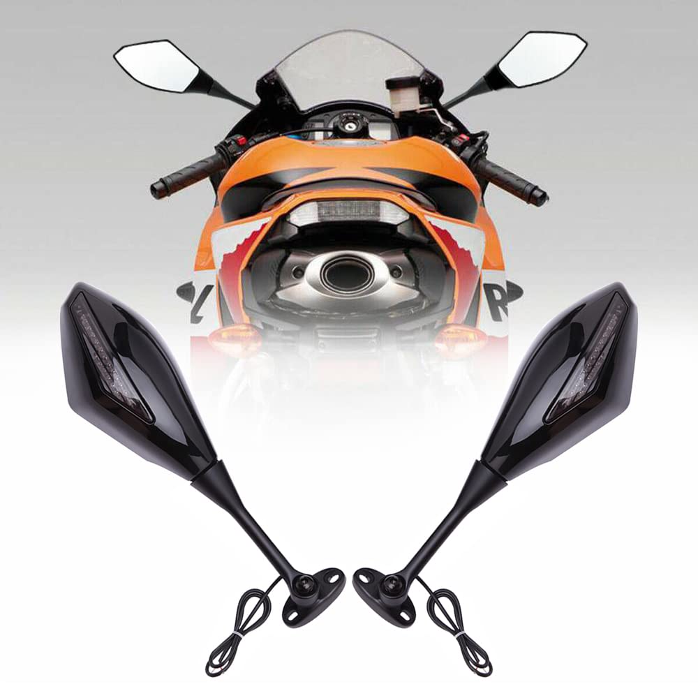 DREAMIZER Motorcycle Rear View Mirrors with Integrated Turn Signal Lights - Universal Fit for Honda CBR500RR CBR600RR CBR1000RR & Suzuki GSXR600 GSXR750 - Gloss Black with Yellow Arrow Indicators - Enhanced Safety for Night Riding and Urban Commuting