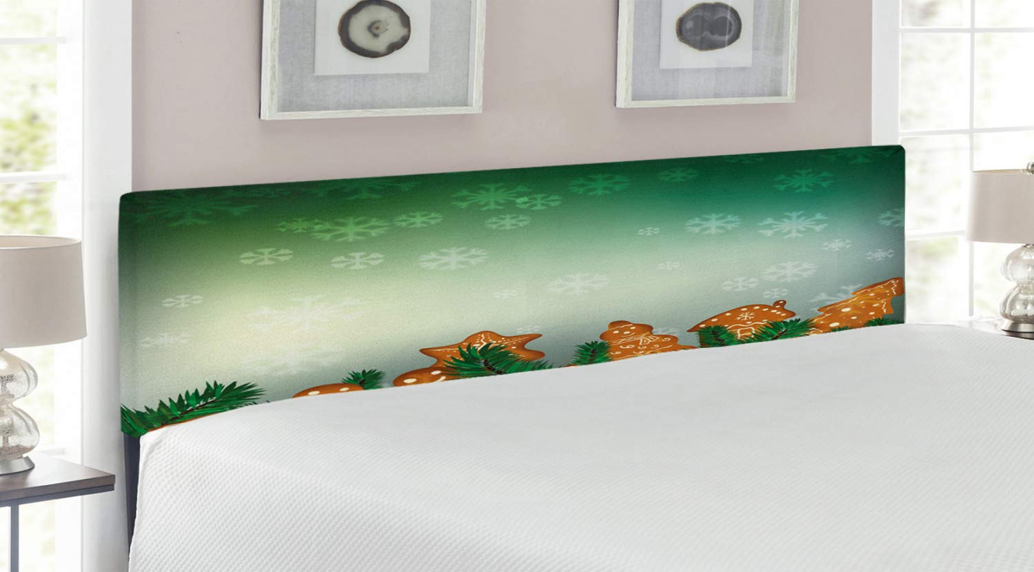 Ambesonne Gingerbread Man Christmas Headboard - King Size Upholstered Metal Bed Headboard with Memory Foam, Green Pale Brown Holiday Design Featuring Xmas Cookies, Snowflakes & Fir Branches - Perfect for Bedroom Christmas Decorations and Festive Seasonal Home Styling