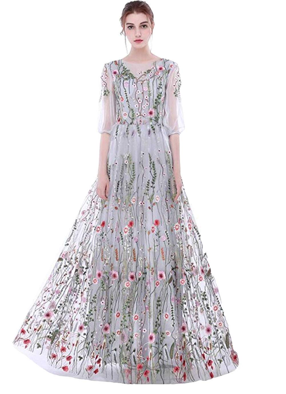 Elegant Floral Embroidery Prom Party Dress for Women - Long 3D Flower Evening Gown for Formal Events, Weddings & Special Occasions