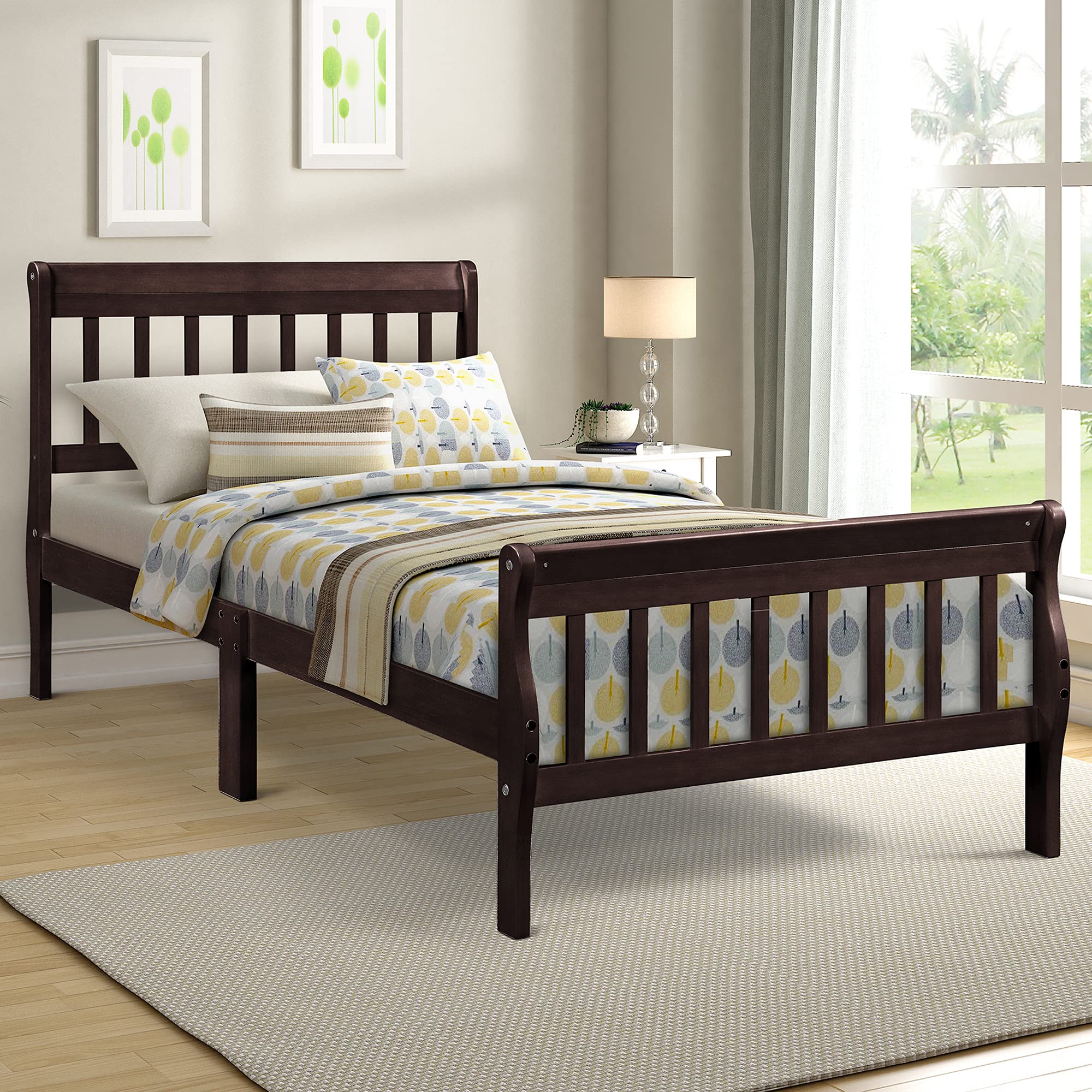 P PURLOVE Twin Size Wooden Platform Bed Frame with Headboard & Footboard - Sturdy Wood Slat Support, No Box Spring Needed, Espresso Finish - Perfect for Small Bedrooms, Guest Rooms & Dormitories
