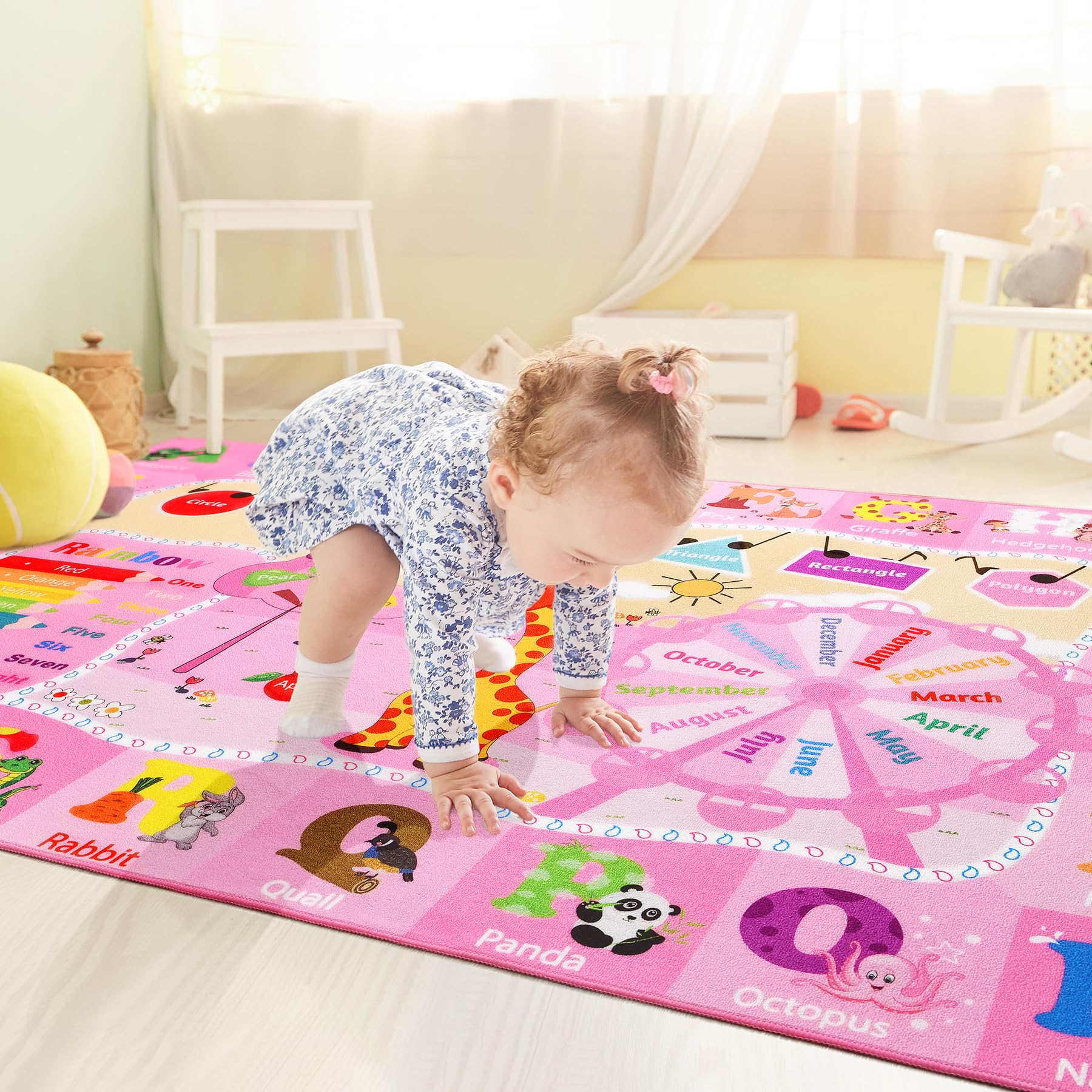 B BENRON Non-Slip Washable Kids Rugs - 5x7 Feet Pink ABC Alphabet Animals Shapes Educational Carpet for Playroom, Bedroom, Classroom & Nursery - Perfect for Toddlers & Girls Learning & Playtime