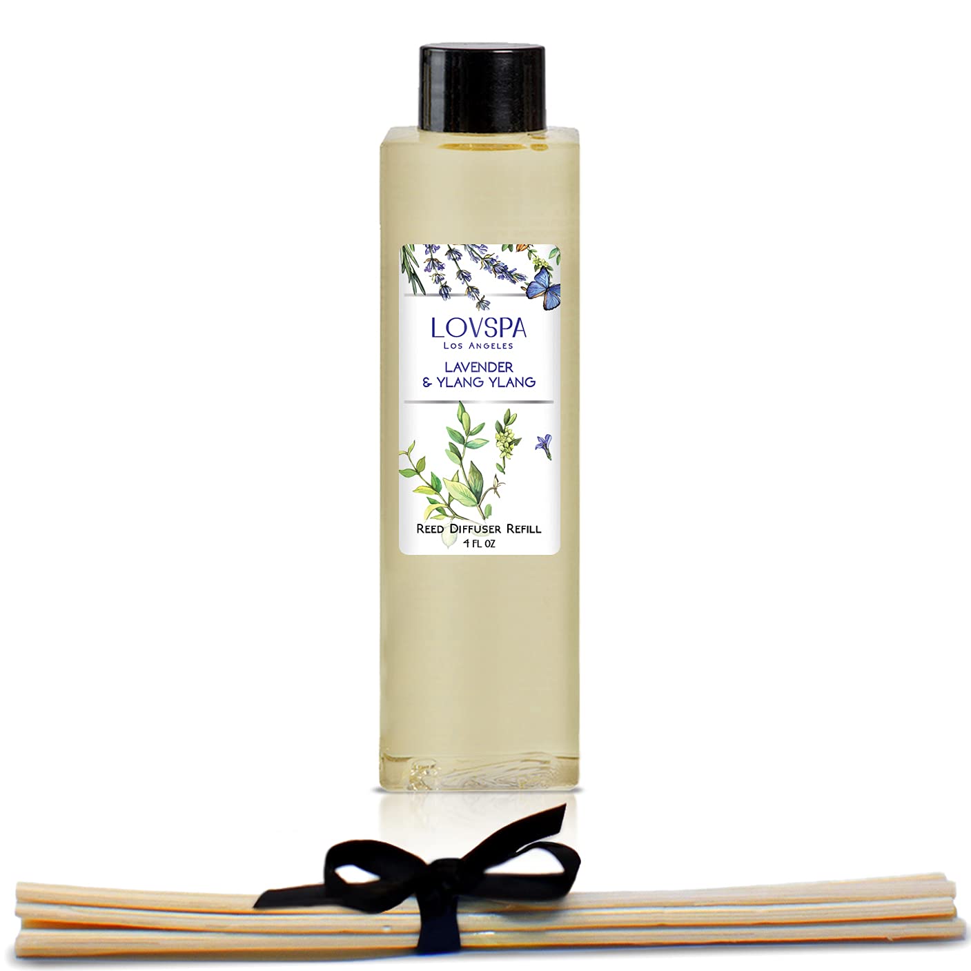LOVSPA Lavender & Ylang Ylang Essential Oil Reed Diffuser Refill Kit - 4oz Aromatherapy Oil with Natural Rattan Sticks - Stress Relief & Mood Booster for Home, Office, Yoga Studio & Spa - Made in USA