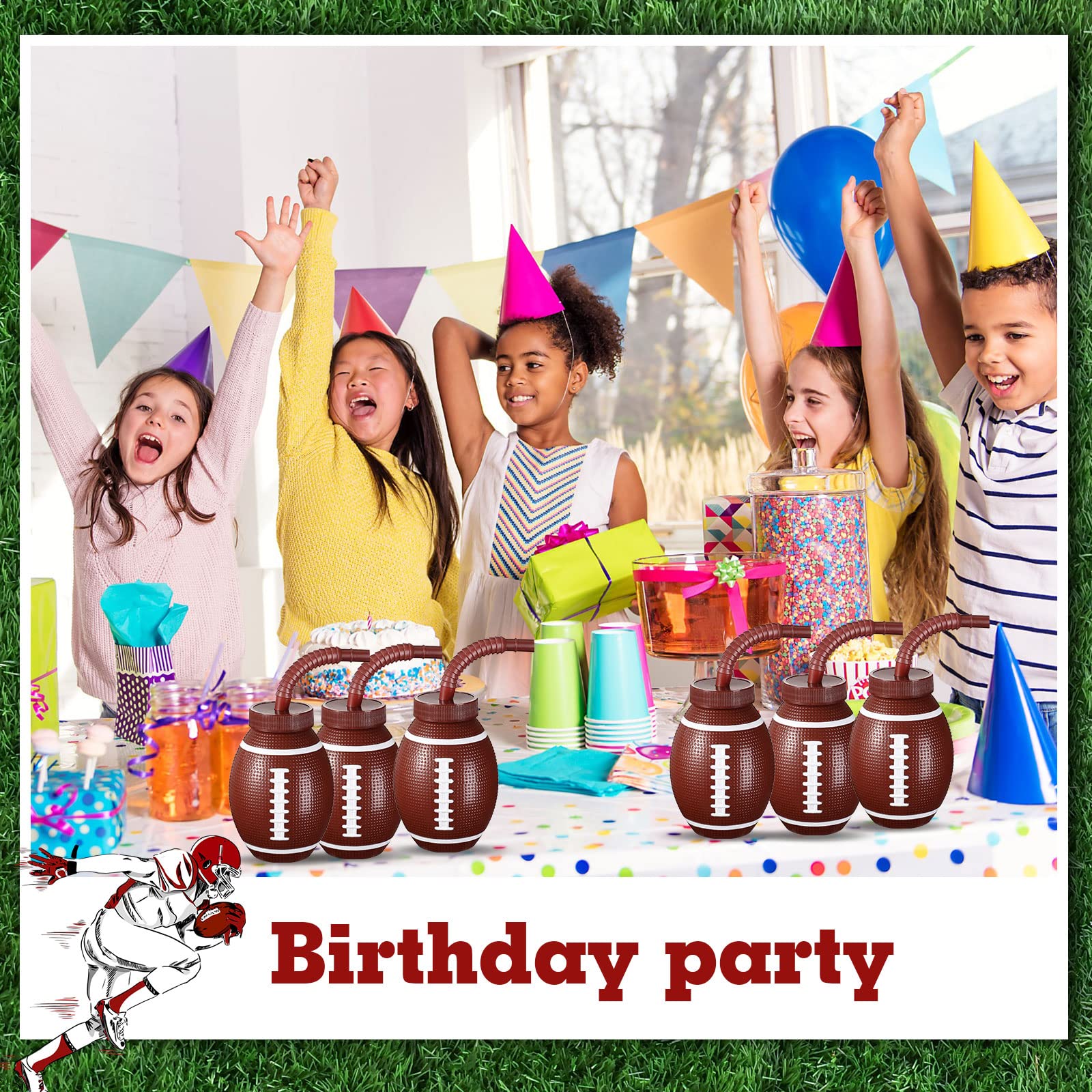12-Pack 10oz Football-Themed Plastic Cups with Straws & Lids - Reusable Kids Party Cups for Birthday, Super Bowl, Tailgating & Sports Theme Parties - Bulk Football Party Supplies for Toddlers & Children
