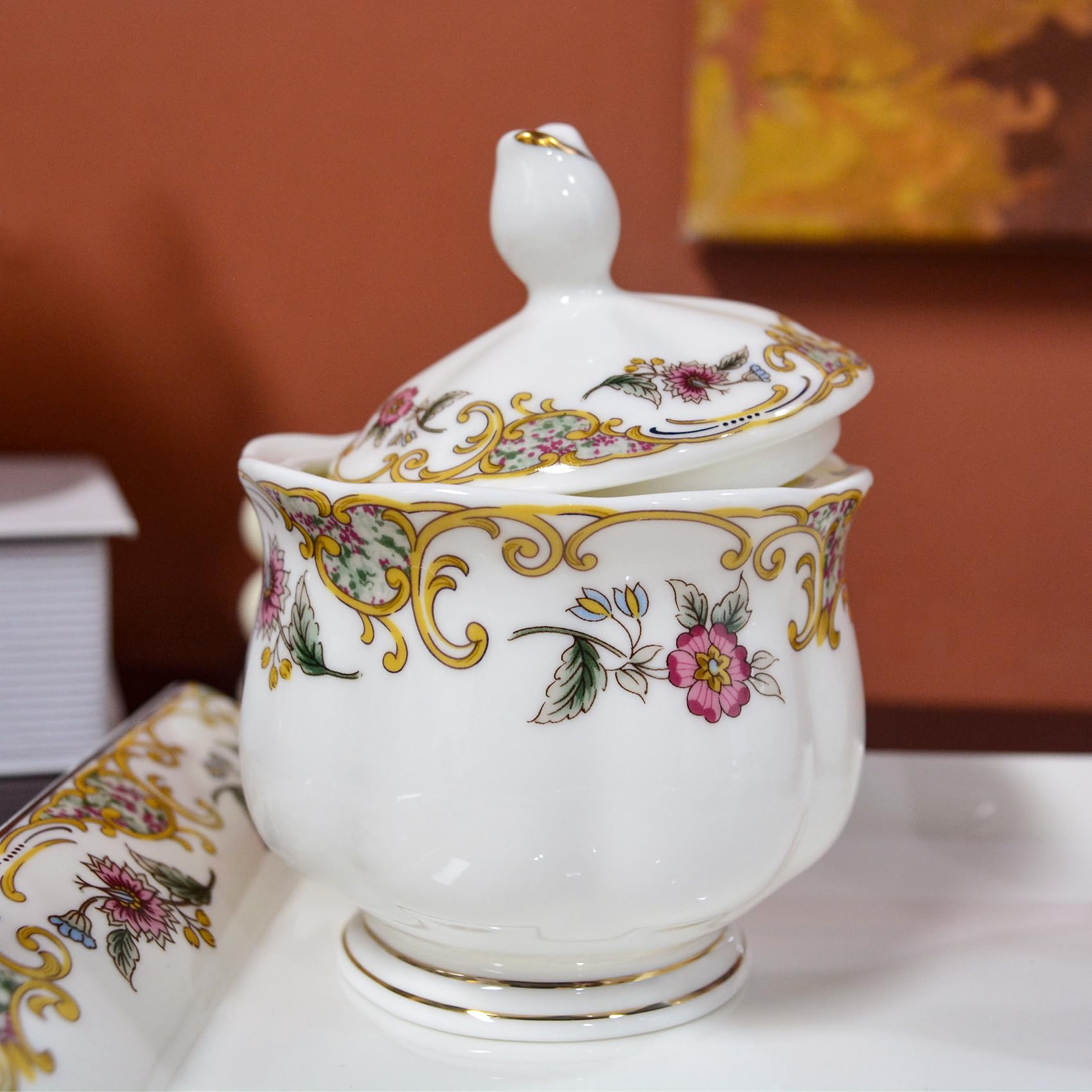 Premium 21-Piece Bone China Tea Set - Elegant White Floral Porcelain Tea Cups, Teapot, Sugar Bowl & Creamer Pitcher - English Tea Party Set for Adults & Women - Perfect for Afternoon Tea, Bridal Showers & Gift Giving