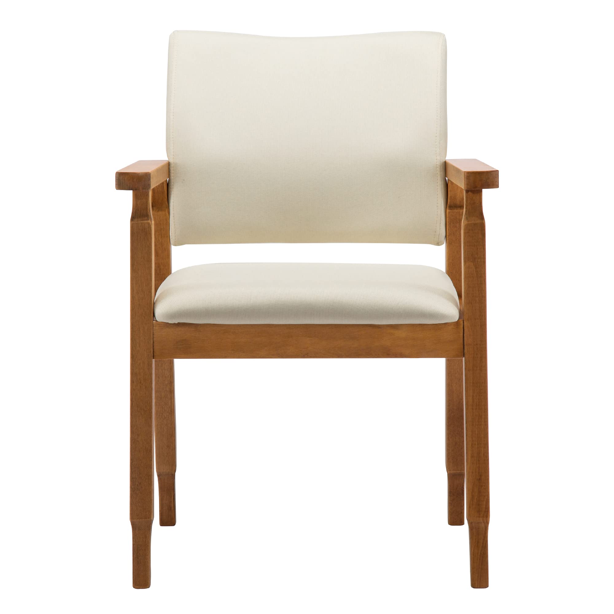 Mid Century Modern Walnut Dining Chairs Set of 2 - Wood Armrest with Beige Fabric Upholstery - Kitchen, Cafe & Living Room Furniture for Home Decor & Dining