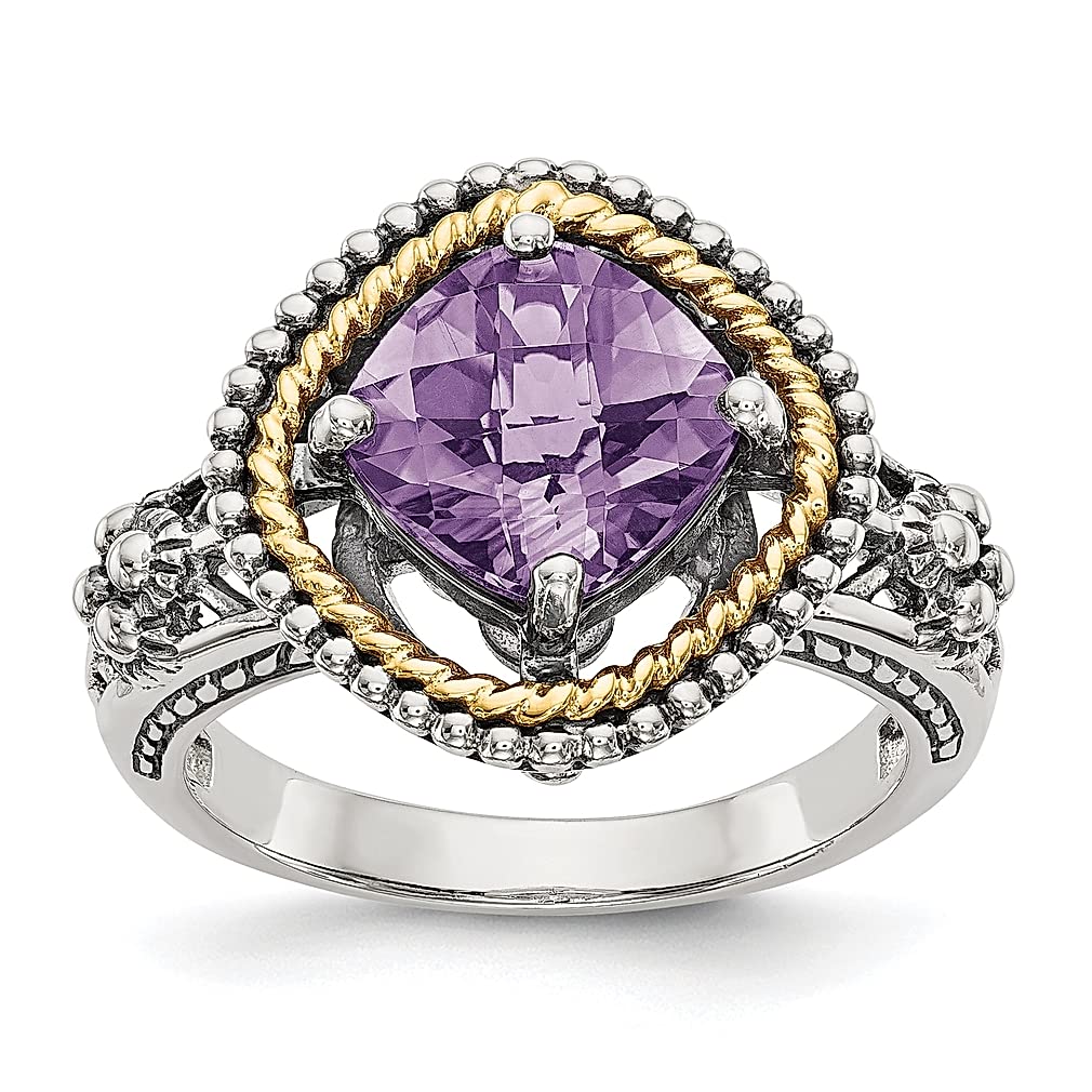 Shey Couture 925 Sterling Silver 14k Gold Accented Checkerboard Cut Cushion Purple Amethyst Gemstone Ring for Women | Elegant Fine Jewelry Gift for Her | Perfect for Weddings, Anniversaries & Special Occasions