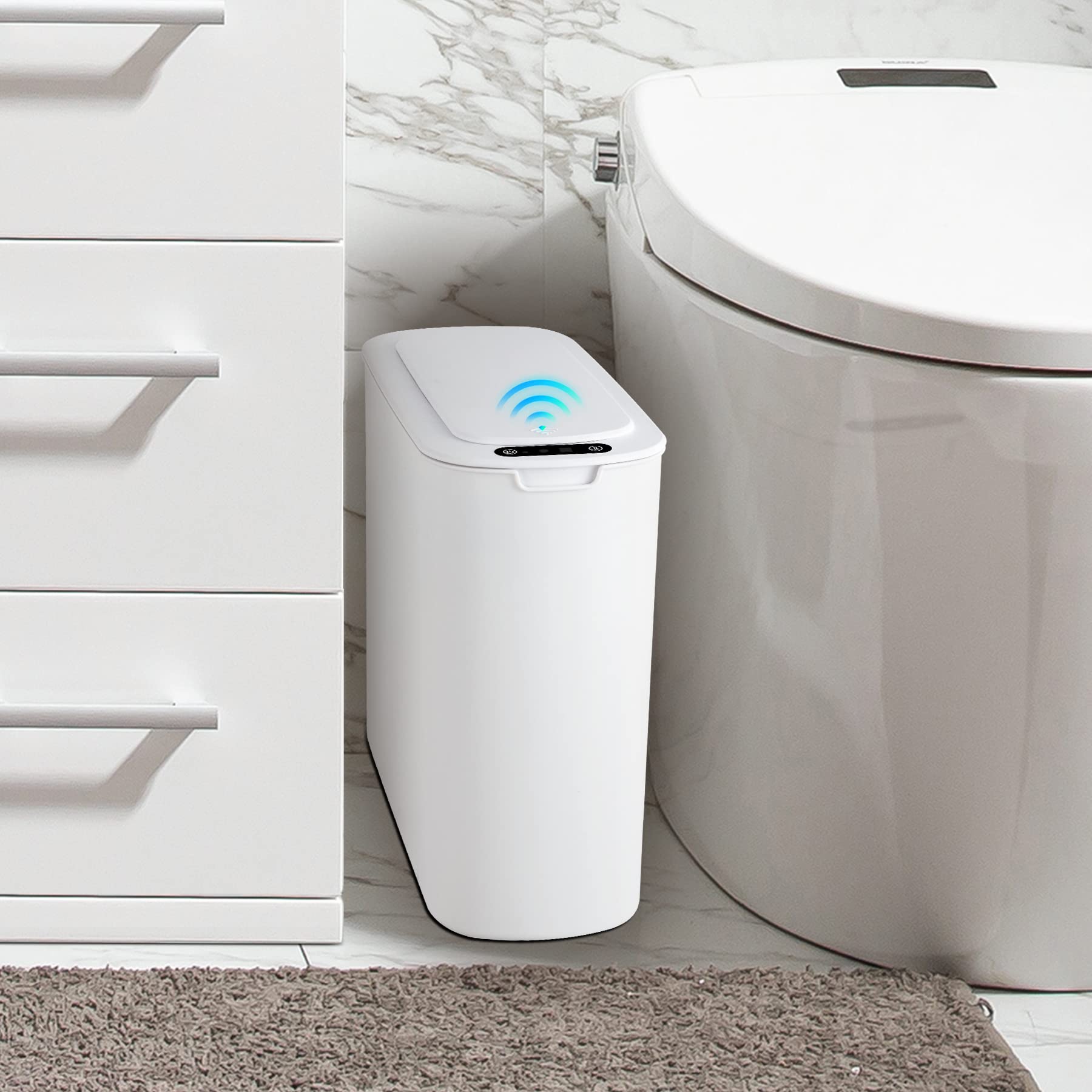 Automatic Motion Sensor Trash Can with Lid - 2.6 Gallon Touchless Garbage Bin, Smart Slim Plastic Waste Basket for Bathroom, Kitchen, Office, RV, Bedroom & Living Room - Hands-Free Convenience for Hygiene & Small Spaces