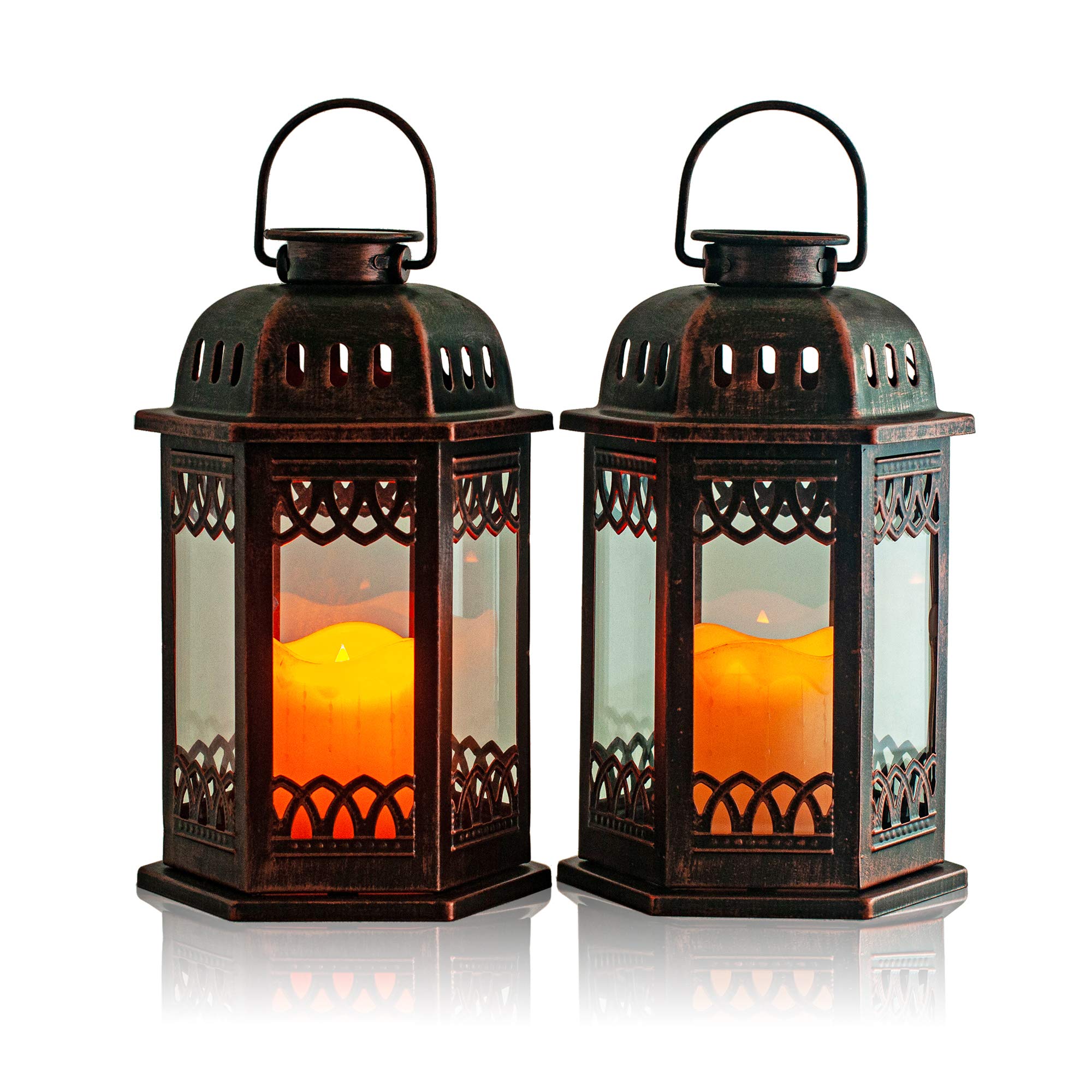 SteadyDoggie Solar Lanterns 2 Pack - Outdoor Hanging Solar Lights with Flickering Candle LED, Bronze Retro Ornate Design with Handle (6.6x6.6x10.6 Inch) - Perfect for Garden, Patio, Porch, and Backyard Decor