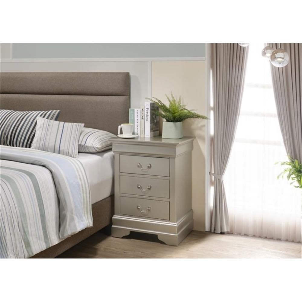 Glory Furniture Louis Phillipe 3-Drawer Nightstand in Silver Champagne - Elegant Bedside Table for Bedroom Decor & Storage