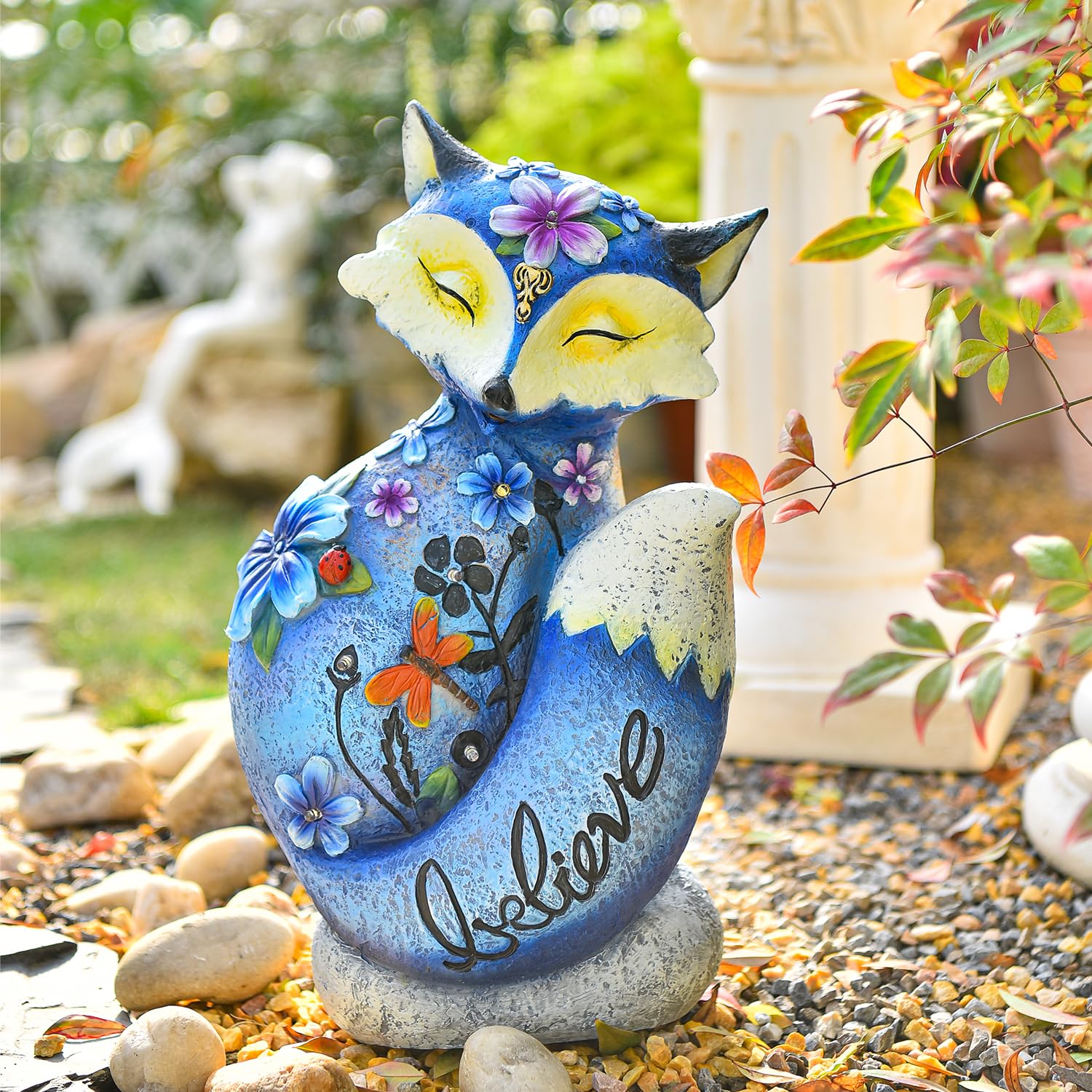 Solar Powered LED Fox Garden Statue - Hand-Painted Resin Outdoor Decor with Solar Lights for Yard, Lawn & Patio | Unique Housewarming Gift & Nighttime Landscape Decoration