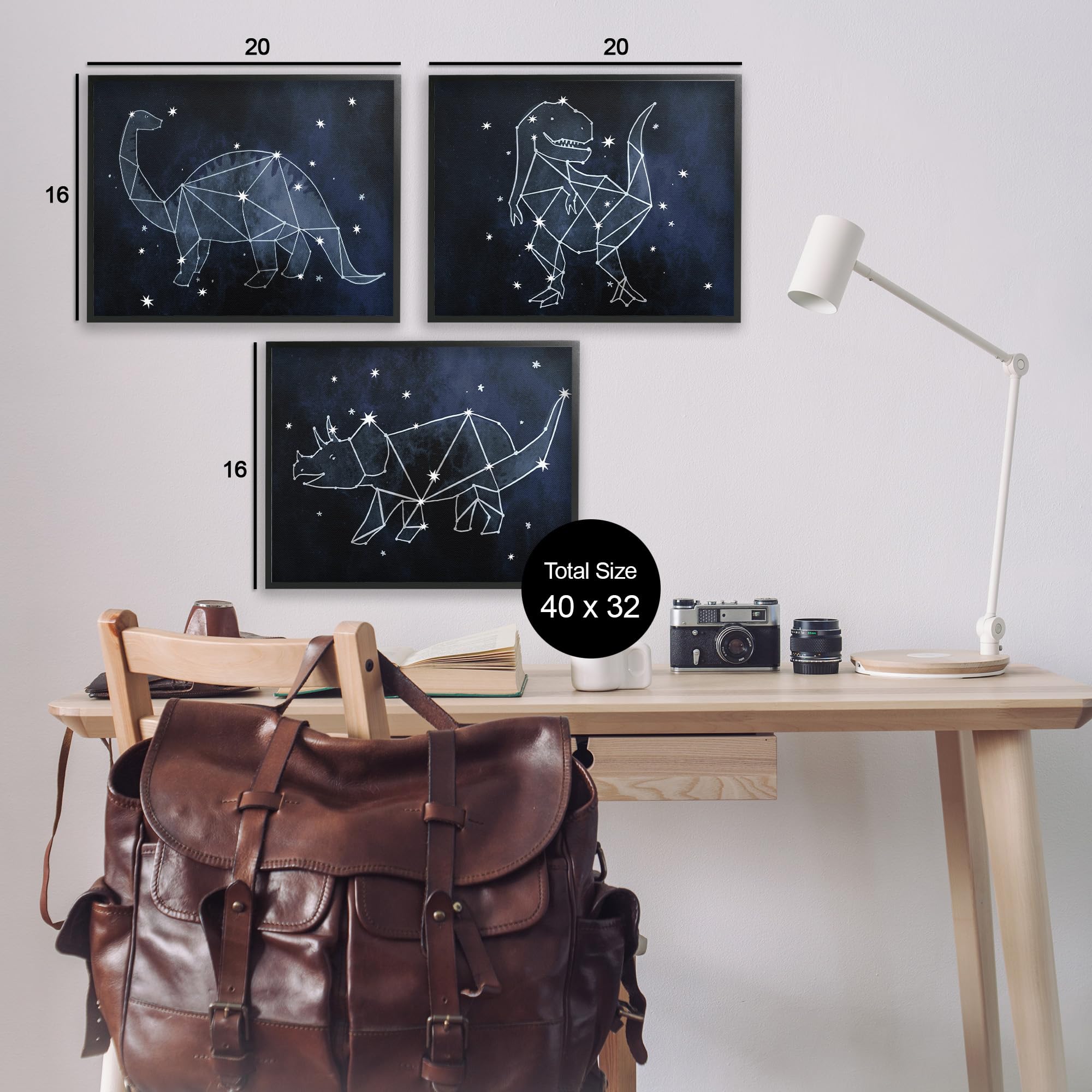 Stupell Industries Night Sky Dinosaur Constellations Outer Space Wall Art Set - 3pc Black Framed Decor (16