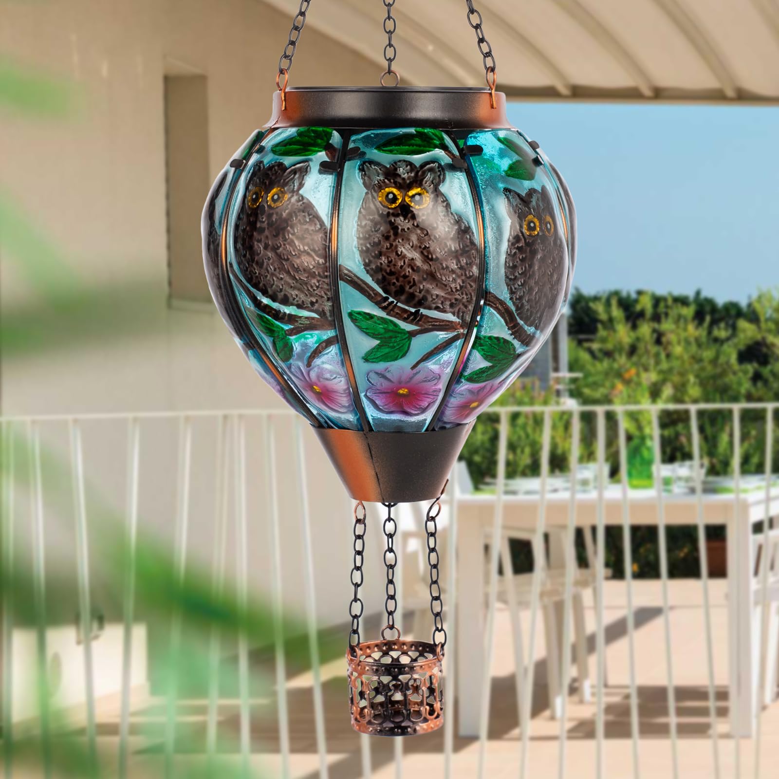 Solar-Powered Owl Hot Air Balloon Lantern with Flame Effect - Waterproof Outdoor Hanging Light for Garden, Patio, Porch & Yard Decor | Perfect for Romantic Evenings, Parties & Landscape Lighting