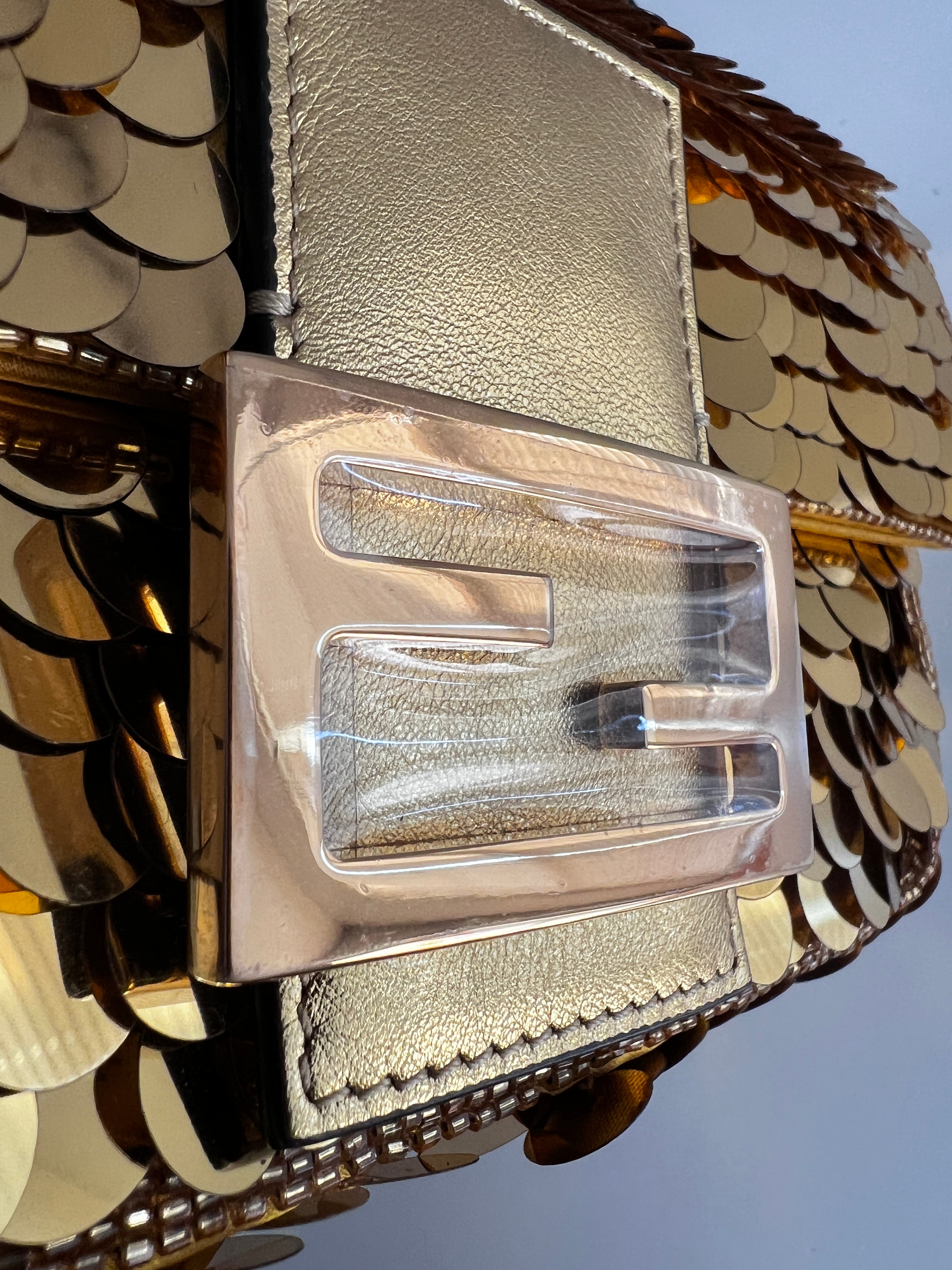 Vintage Fendi Mini Gold Paillettes Baguette Bag - Pre-Owned Luxury Shoulder Purse for Women | Perfect for Evening Parties, Weddings & Special Occasions