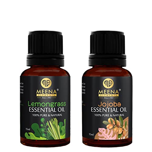 MEENA ELEMENTS Pure Natural Jojoba & Lemongrass Essential Oil - Aromatherapy Massage Oil for Skin Care, Hair Growth, Relaxation & Better Sleep - 100% Natural Therapeutic Grade (2 Pack, 15ml Each) - Perfect for Home Spa, Yoga Meditation & Gift Giving