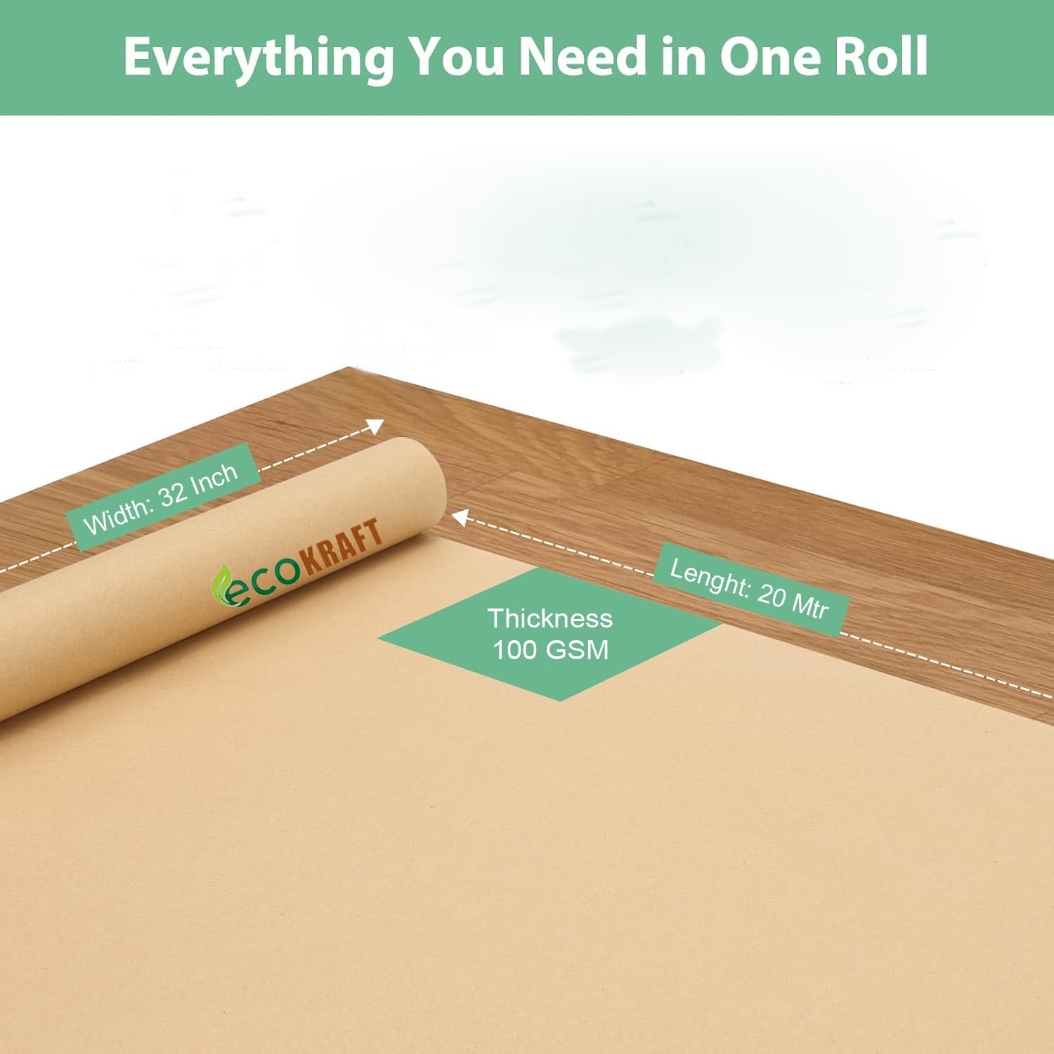 Eco-Friendly 32 Inch x 20 Meter Natural Brown Kraft Paper Roll - 100 GSM for Packaging, Gift Wrapping, Arts & Crafts, Shipping & DIY Projects | Uncoated & Unwaxed | Ideal for Home, Office & Small Business Use