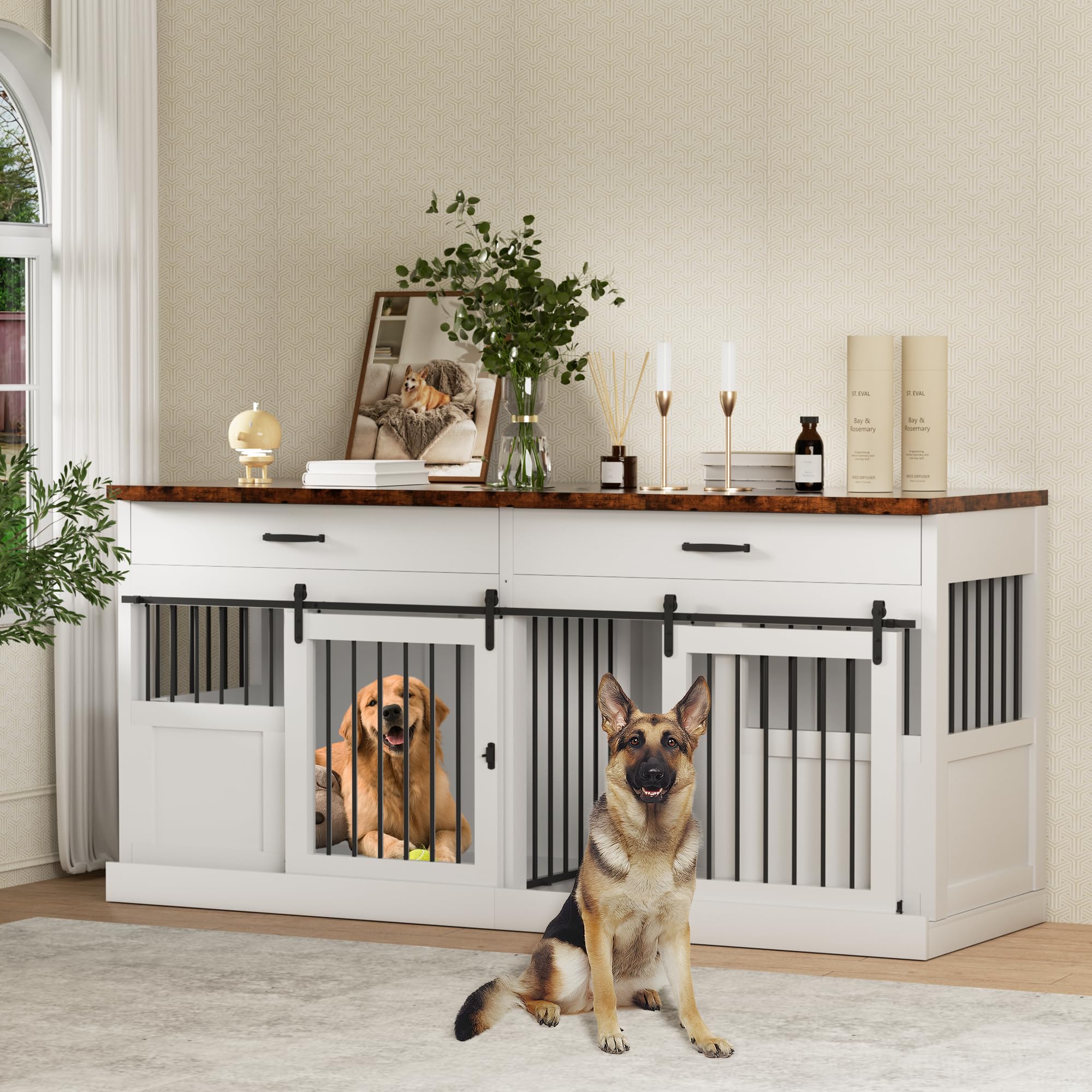 71 Inch XXL Heavy Duty Dog Crate Furniture for 2 Dogs - Decorative Indoor Kennel with 2 Drawers, Removable Divider & Sliding Doors (White) - Perfect for Large Breed Homes & Pet-Friendly Living Rooms