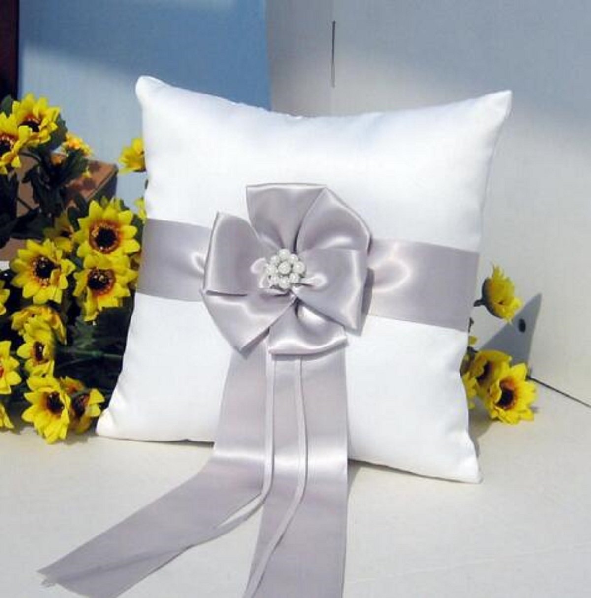Silver Beaded Wedding Ring Pillow - 7.8 Inch for Ceremonies