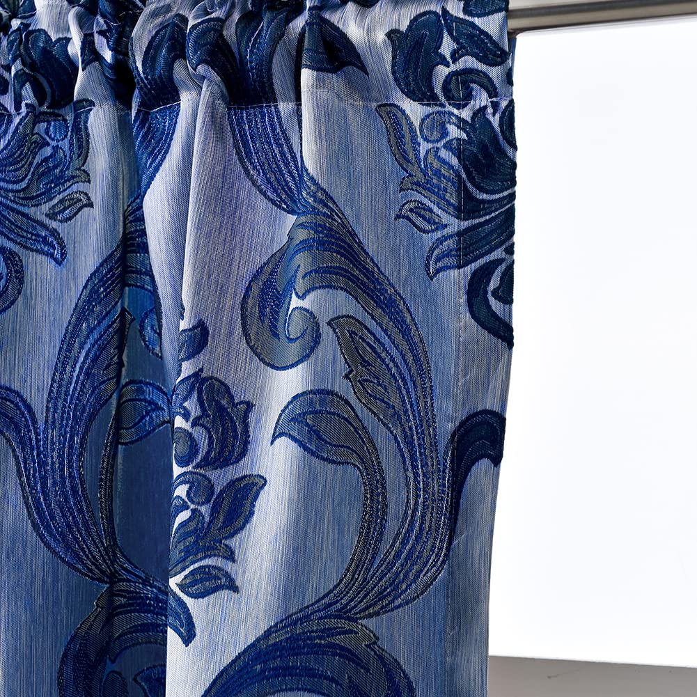 Navy Blue Jacquard Kitchen Curtains Set - 3 Piece Rod Pocket Valance & Tier Panels (36 Inch Length) for Small Windows - Perfect for Cafe, Bathroom & Farmhouse Style Decor
