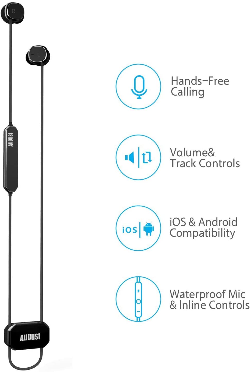 August EP725 Refurbished Noise Cancelling Bluetooth Earphones with AptX & OTG Charging - Perfect for Travel, Workouts & Commuting
