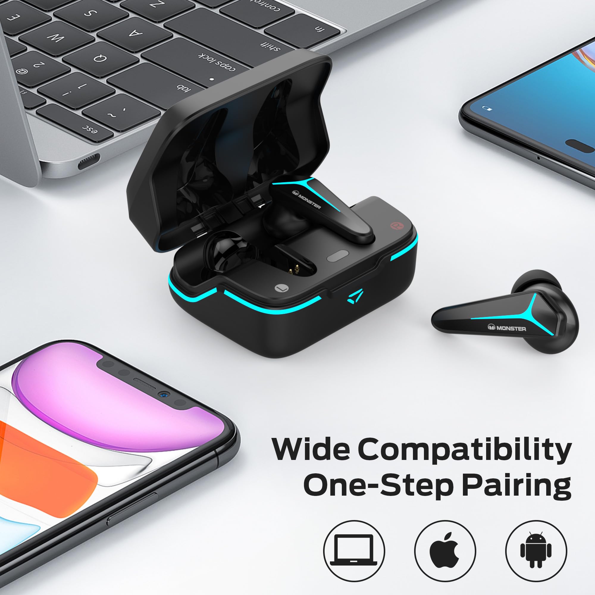 Monster Mission V1 Bluetooth Earbuds - Wireless Noise Cancelling Headphones with Bluetooth 5.3, Cool LED Light Effects, Game & Music Modes, Long Battery Life - Perfect for Workouts, Gaming & Commuting