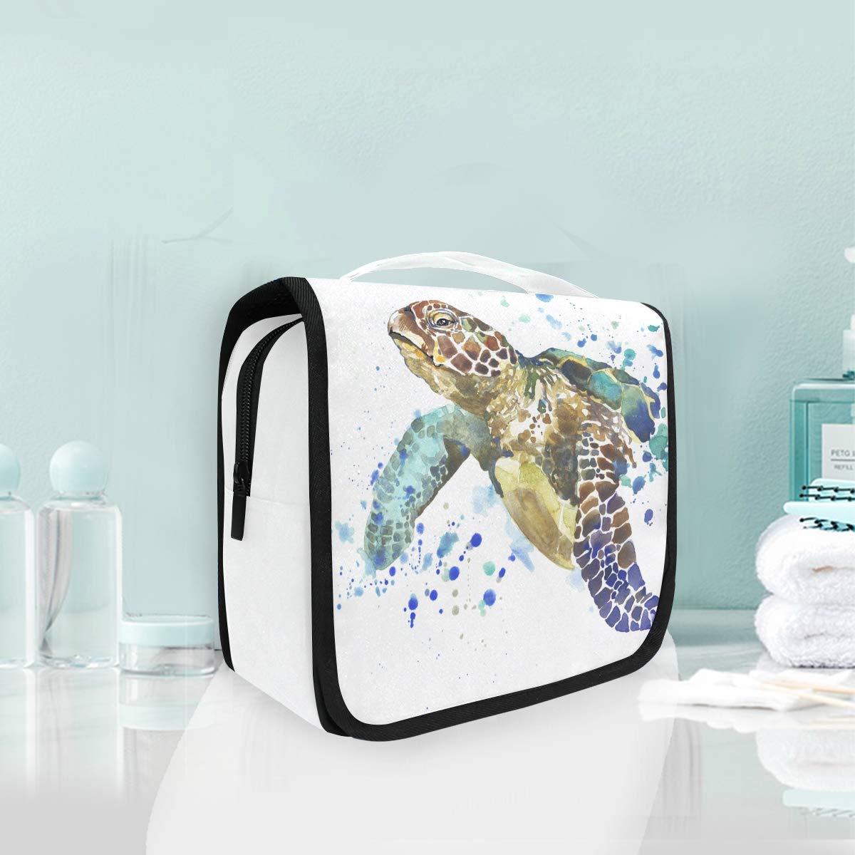 MOYYO Waterproof Hanging Toiletry Bag with Cute Sea Turtle Design - Travel Cosmetic Organizer for Women & Girls | Perfect for Beach Trips, Camping, and Gym Showers