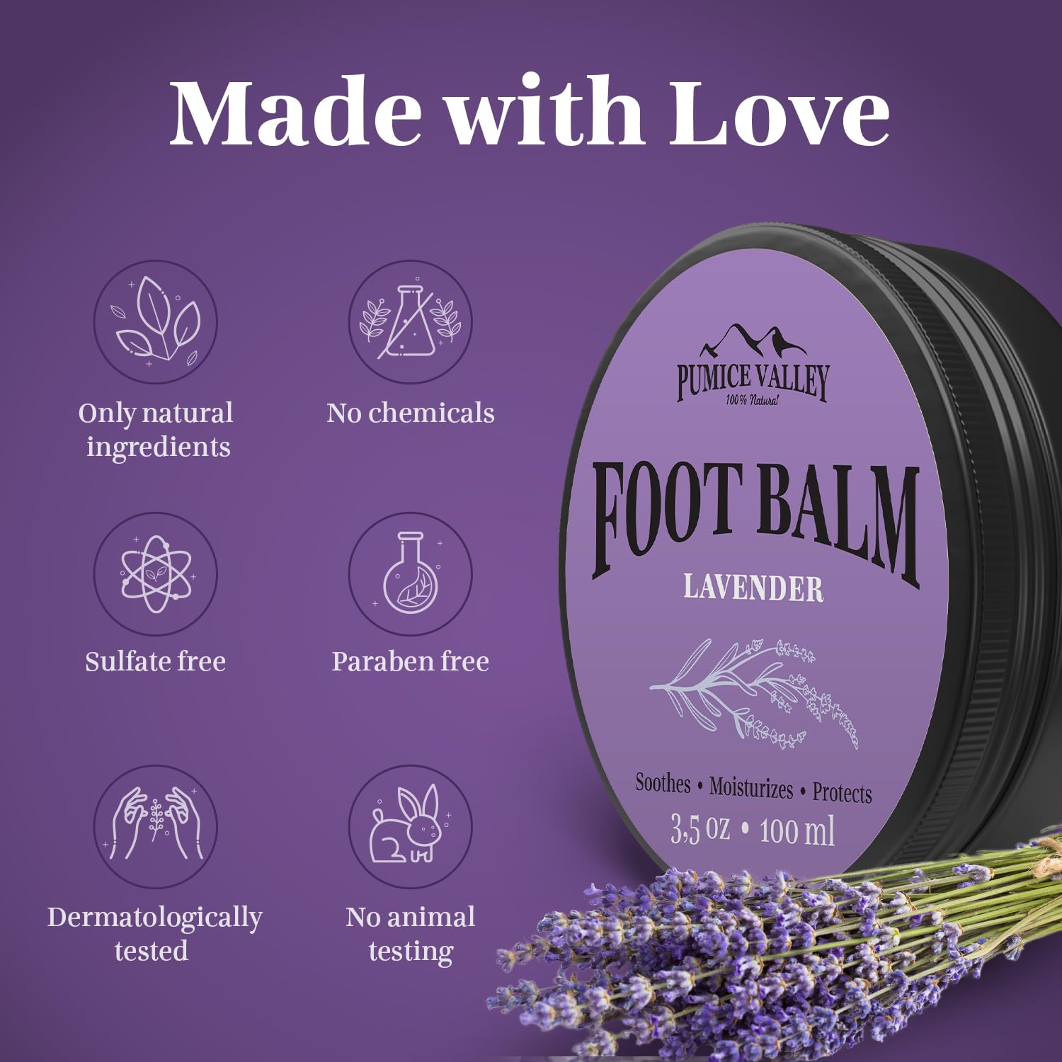 Pumice Valley Foot Balm Cream for Dry Cracked Heels & Calluses - Natural Moisturizing Foot Treatment with Lavender - 3.5 Oz | Best for Cracked Heel Repair, Dry Skin Relief & Pedicure Care at Home