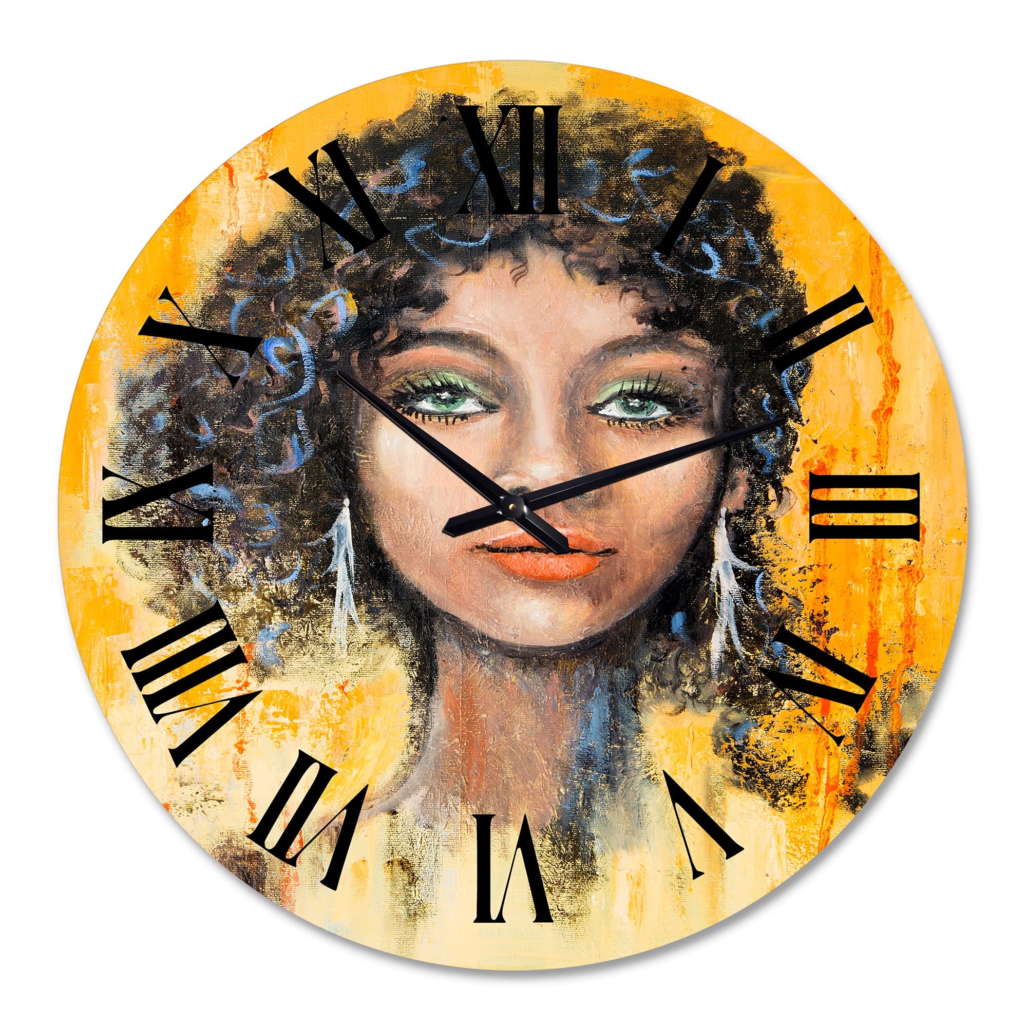 Modern Large Wall Clock - Woman Face with Green Eyes & Black Hair Art Print - Stylish Living Room Decor for Home & Office - Perfect for Bedroom, Kitchen, or Gift Idea