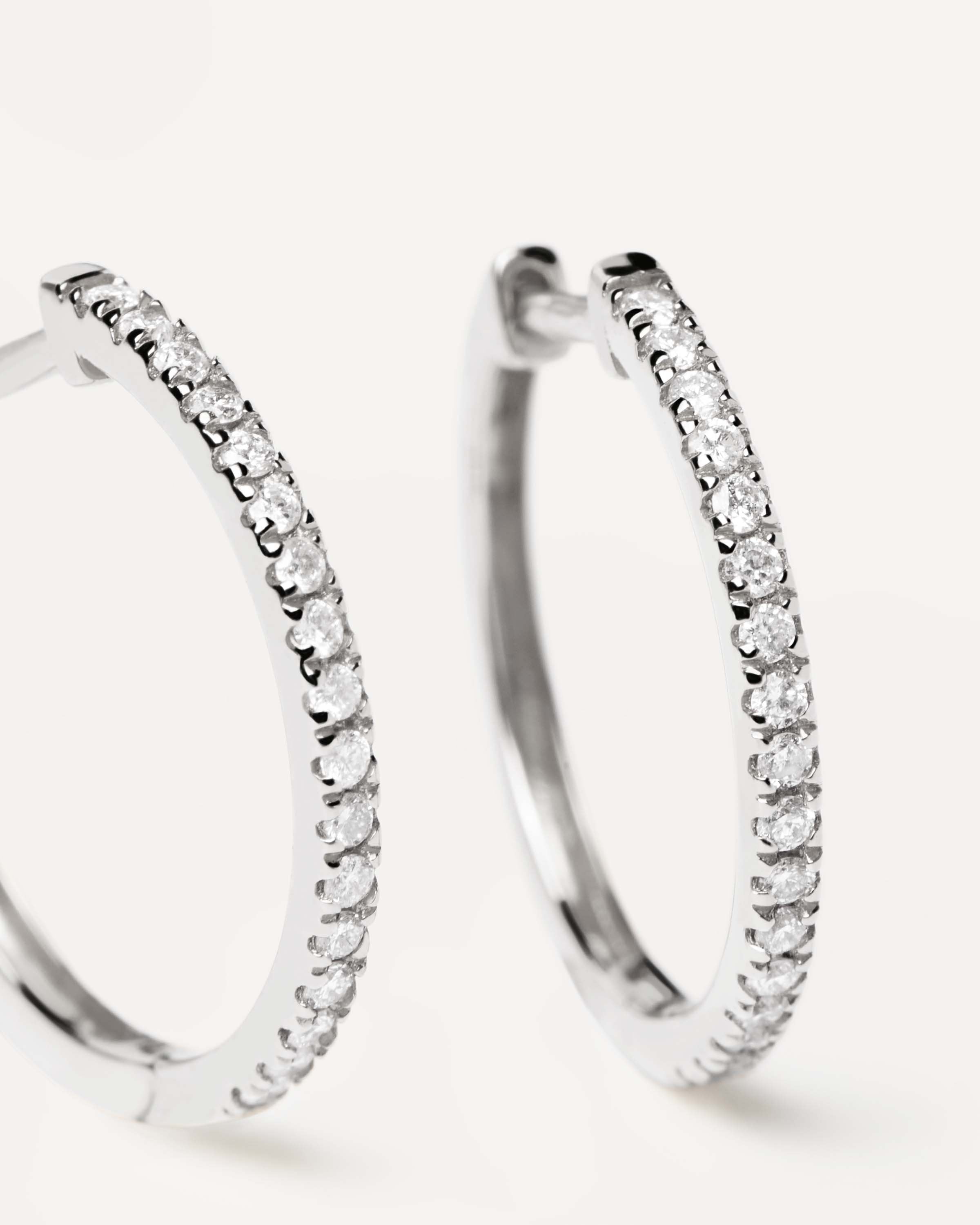14K White Gold Diamond Eternity Hoop Earrings for Women - Medium Size, Perfect for Weddings, Anniversaries & Special Occasions